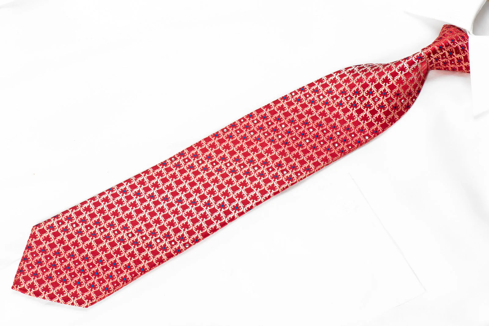 Maestro Mens Rhinestone Silk Necktie Cartouche On Red With Silver Sparkles - Image 3