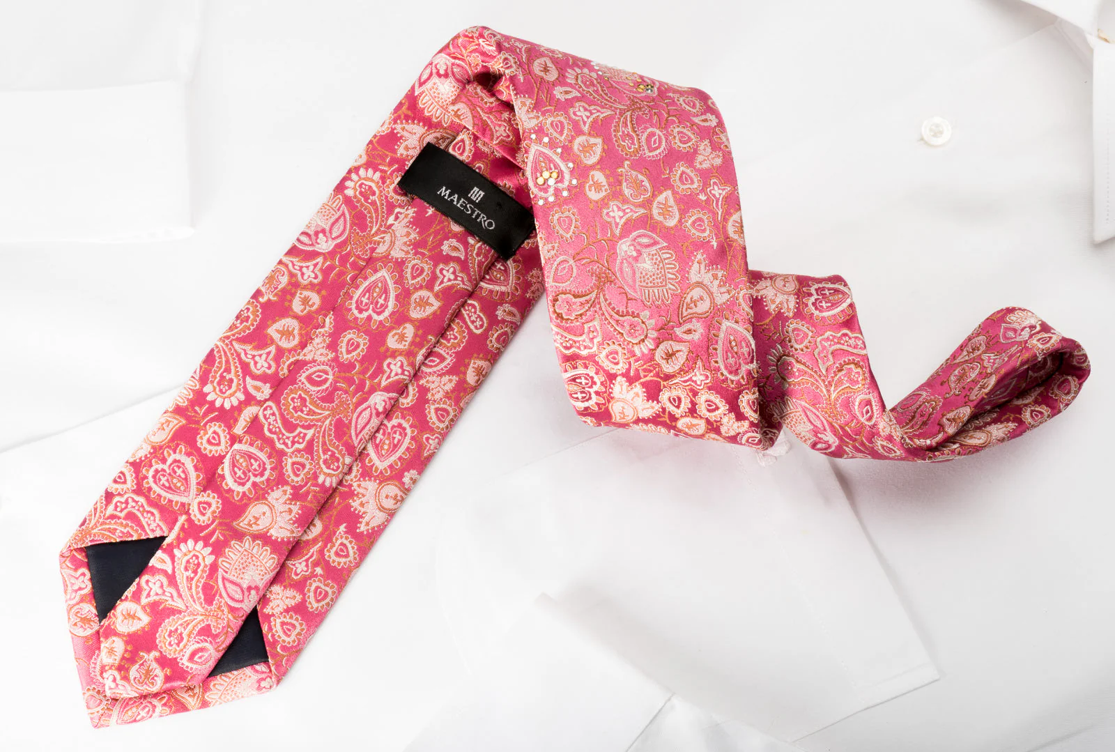 Anthemion On Pink With Sparkles Rhinestone Silk Tie - Image 2