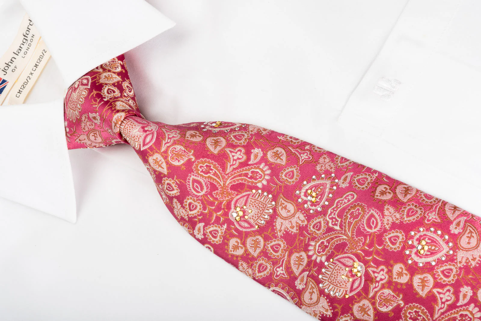 Anthemion On Pink With Sparkles Rhinestone Silk Tie - Image 4