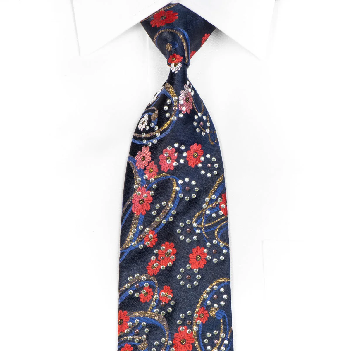Man Road Men's Rhinestone Tie Floral & Scrolls On Navy