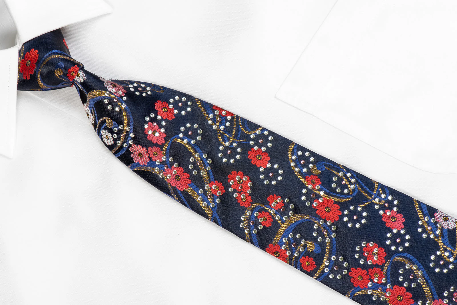 Man Road Men's Rhinestone Tie Floral & Scrolls On Navy - Image 2