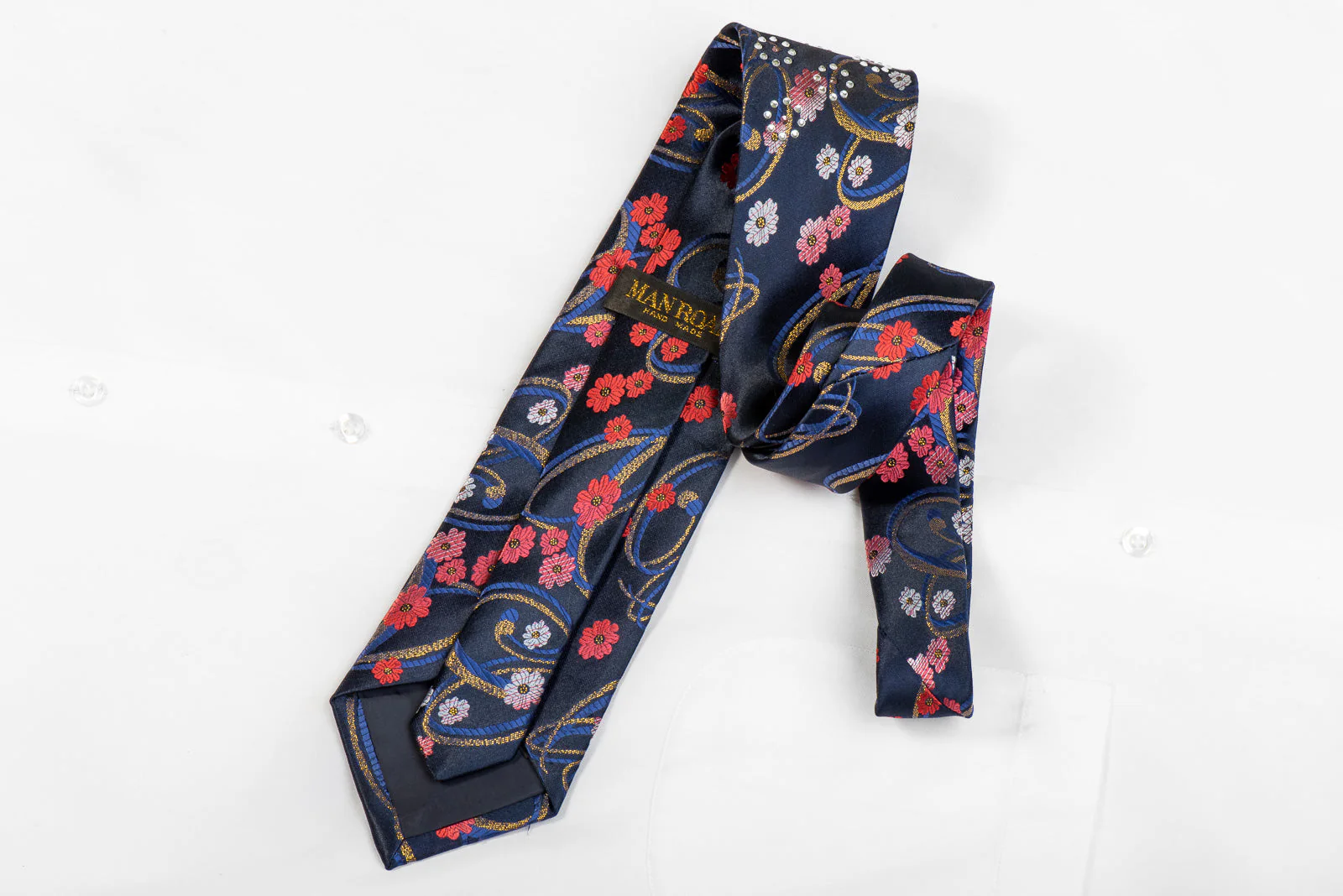 Man Road Men's Rhinestone Tie Floral & Scrolls On Navy - Image 4