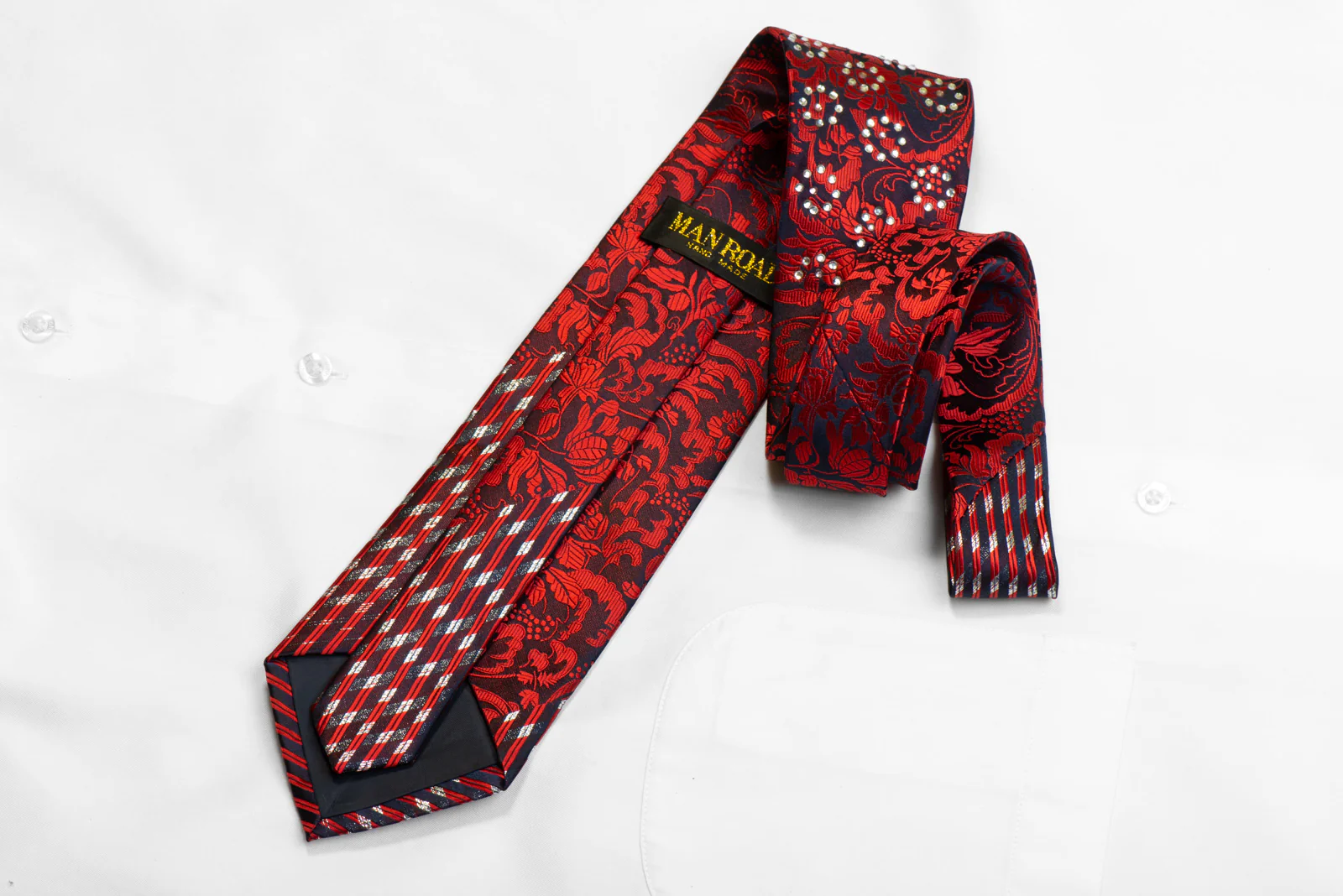 Man Road Rhinestone Silk Necktie Red Floral On Navy With Silver Sparkles - Image 4