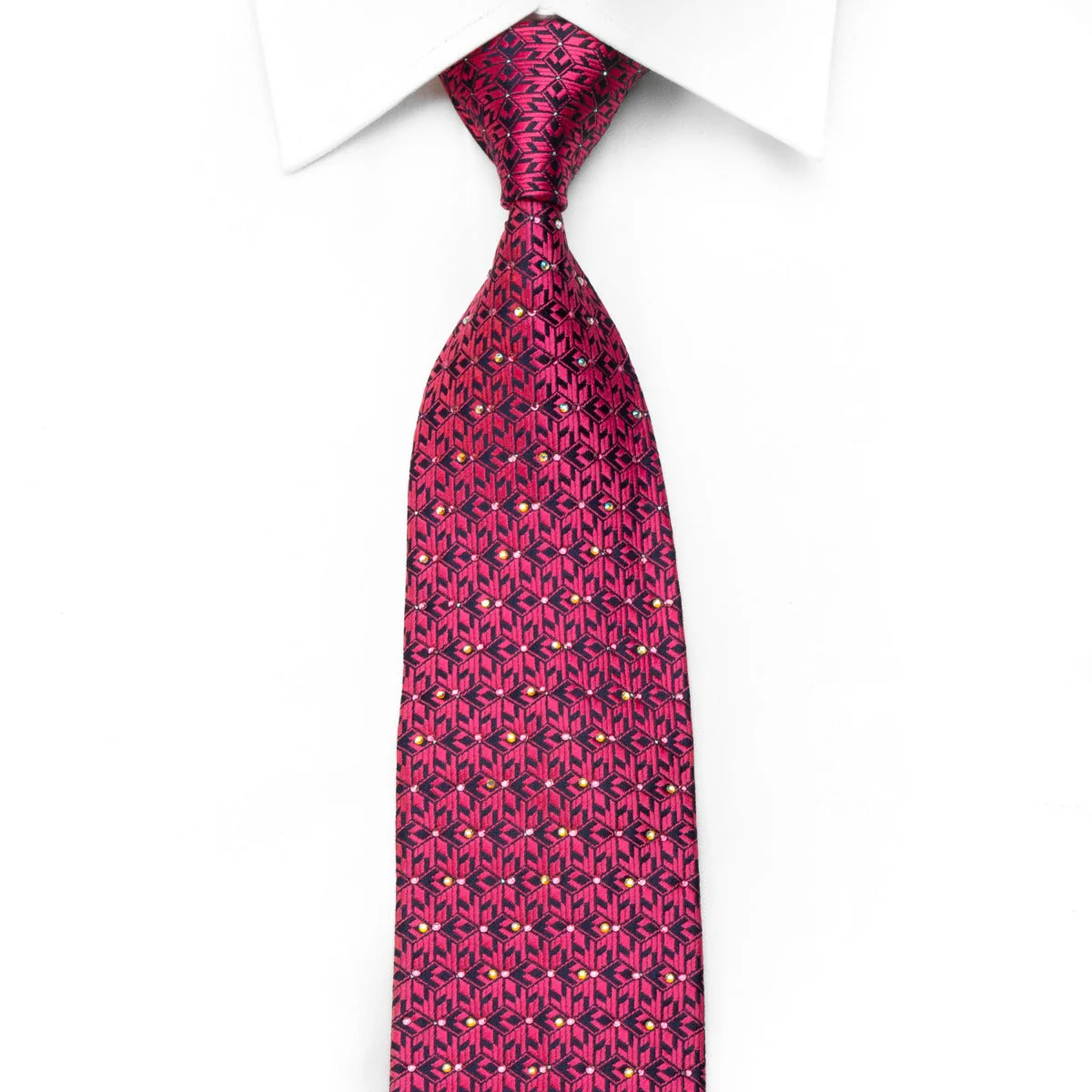 Manhatten Men's Crystal Silk Tie Pink Geometric On Navy With Silver Sparkles