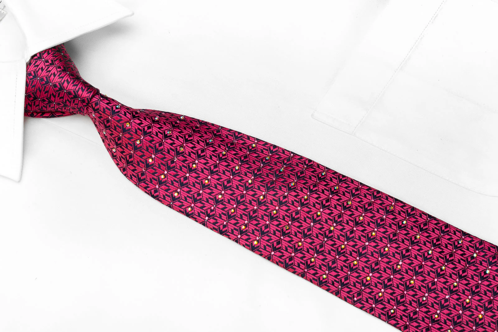 Manhatten Men's Crystal Silk Tie Pink Geometric On Navy With Silver Sparkles - Image 2