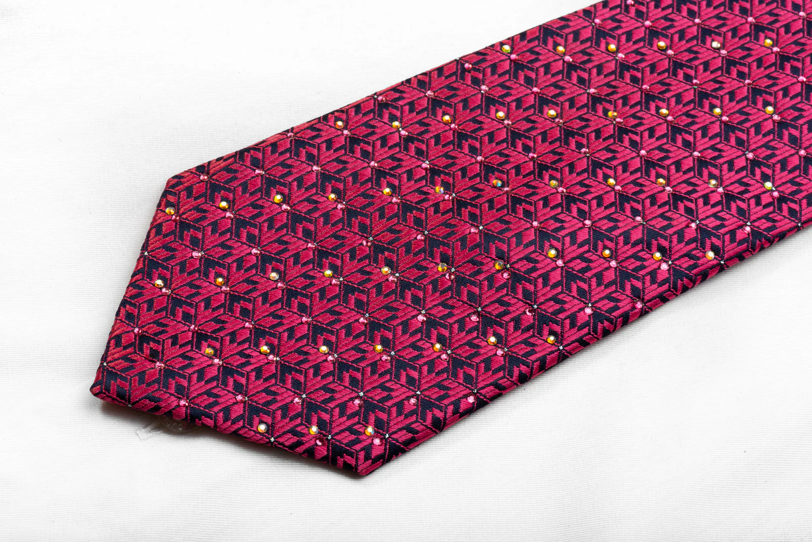 Manhatten Men's Crystal Silk Tie Pink Geometric On Navy With Silver Sparkles - Image 3