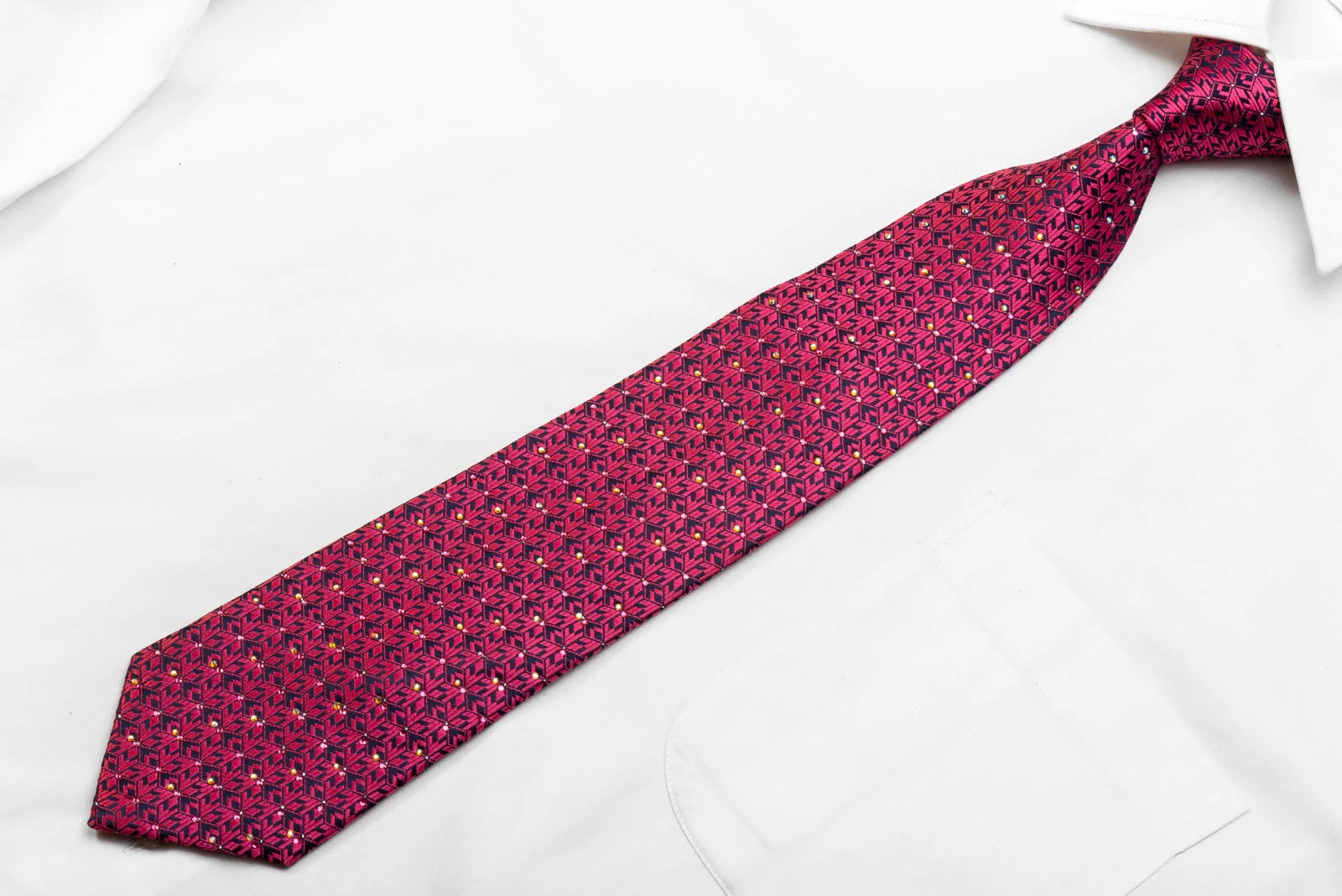 Manhatten Men's Crystal Silk Tie Pink Geometric On Navy With Silver Sparkles - Image 4