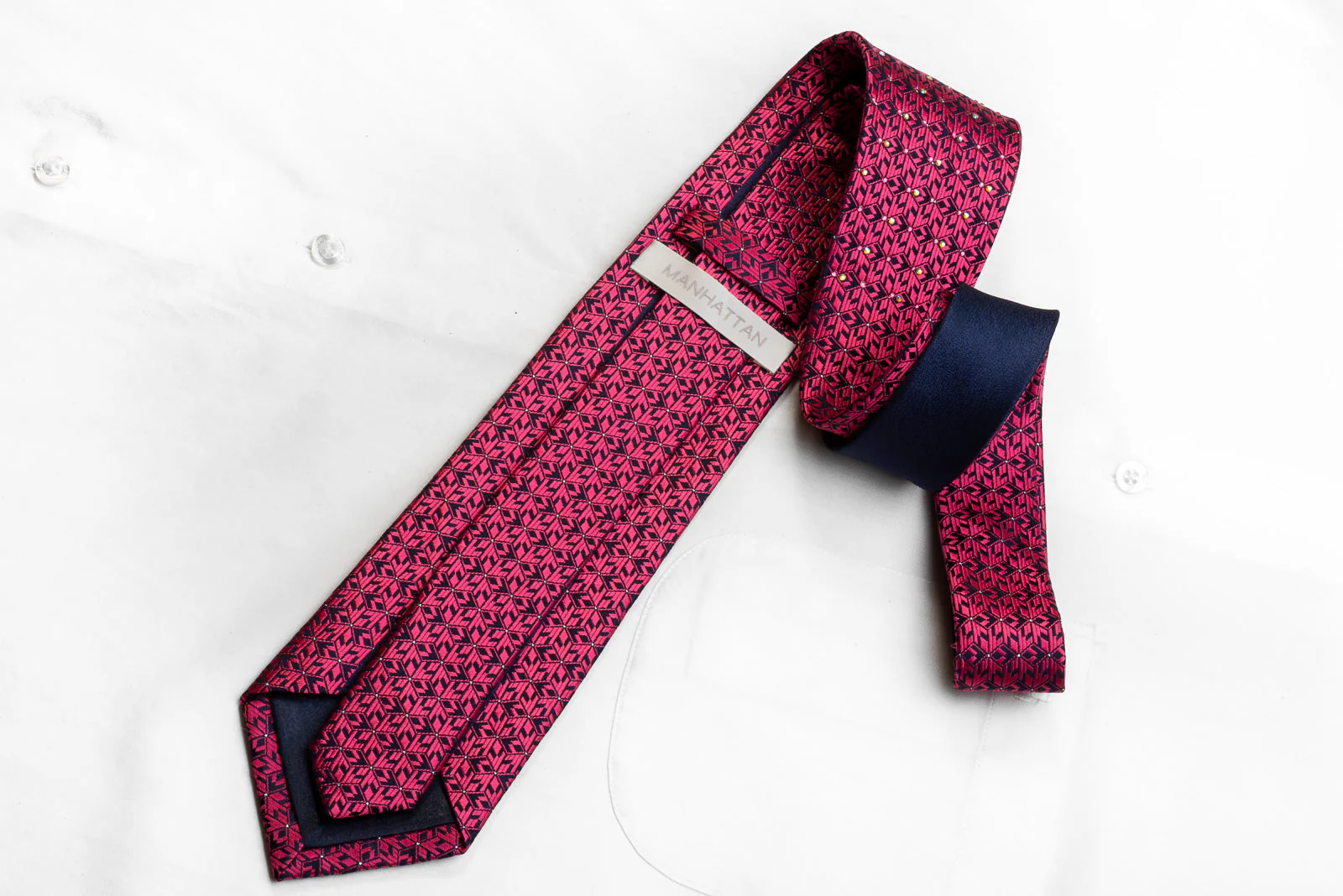 Manhatten Men's Crystal Silk Tie Pink Geometric On Navy With Silver Sparkles - Image 5