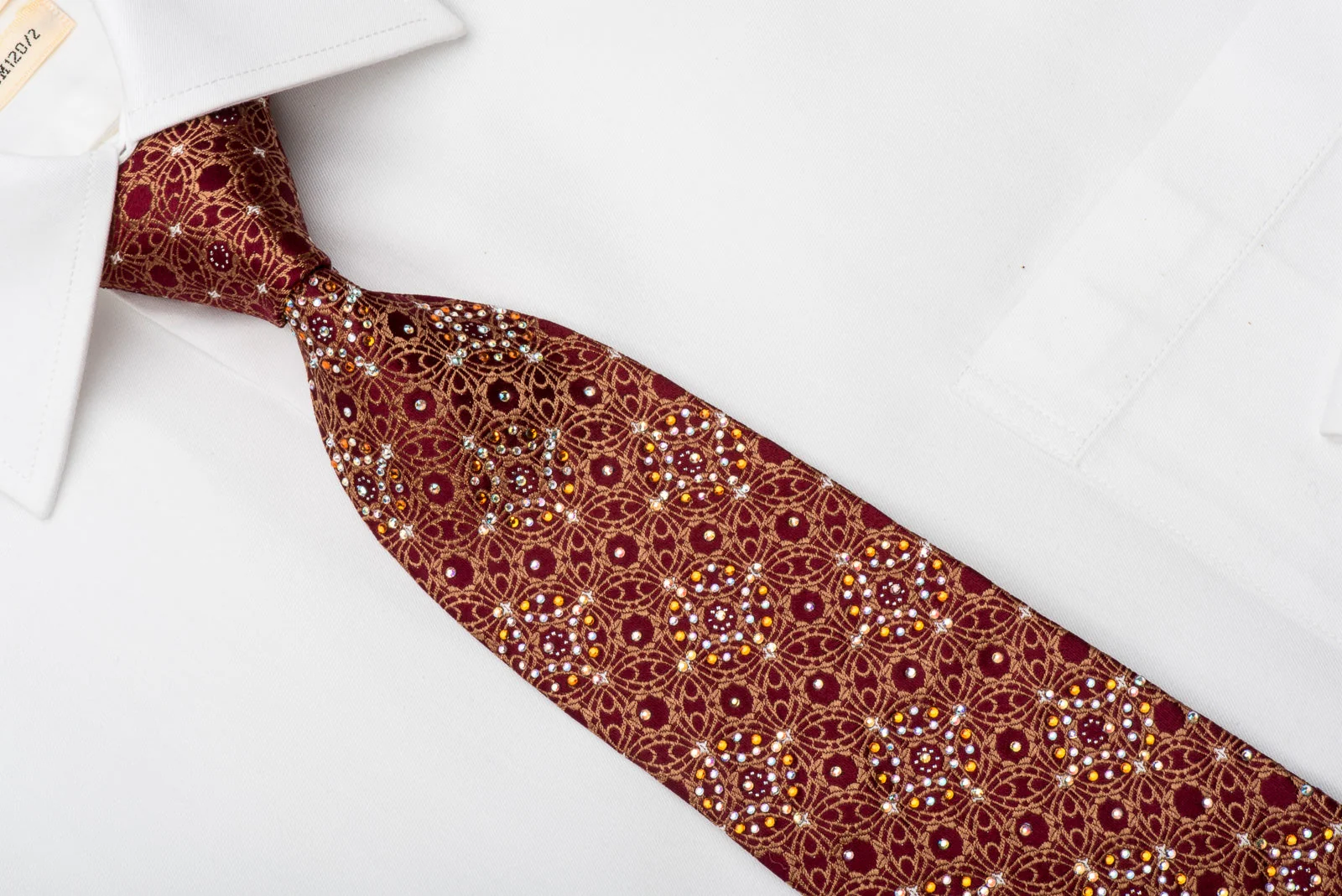 Manhatten Men's Rhinestone Silk Necktie Gold Arabesk On Burgundy Sparkling With Rhinestones - Image 2