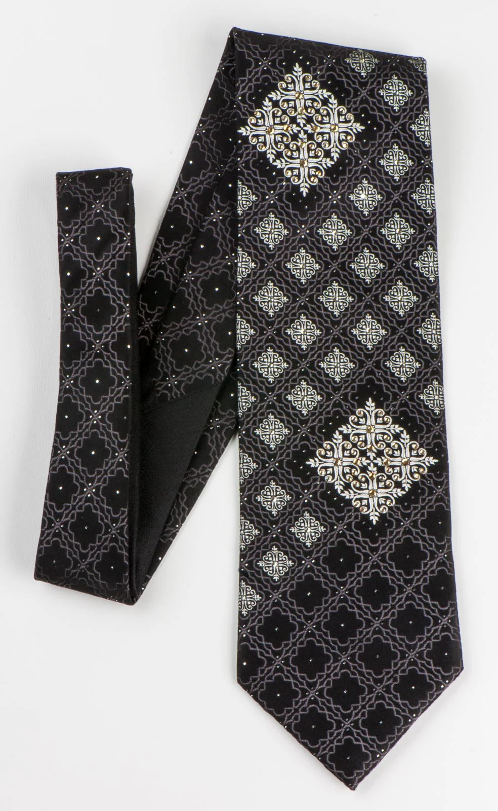 Manhatten Men's Silk Neck Tie Silver Cartouche On Black With Rhinestones - Image 5