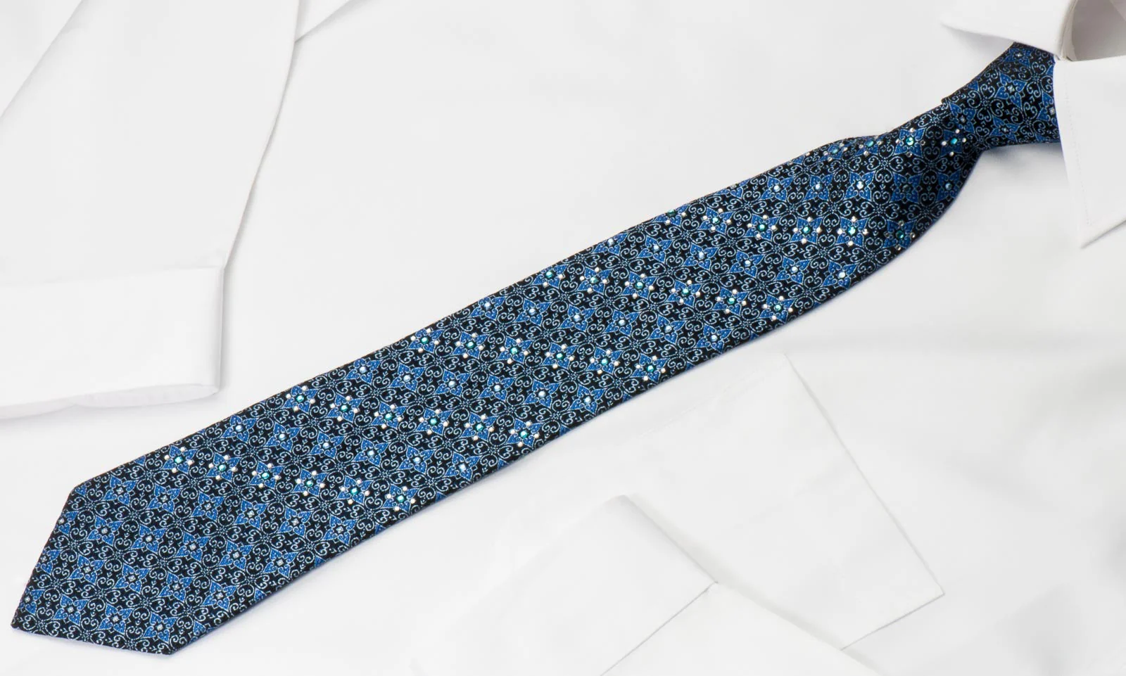 Manhatten Rhinestone Necktie Silver Foulard Pattern On Blue With Silver Sparkles - Image 4