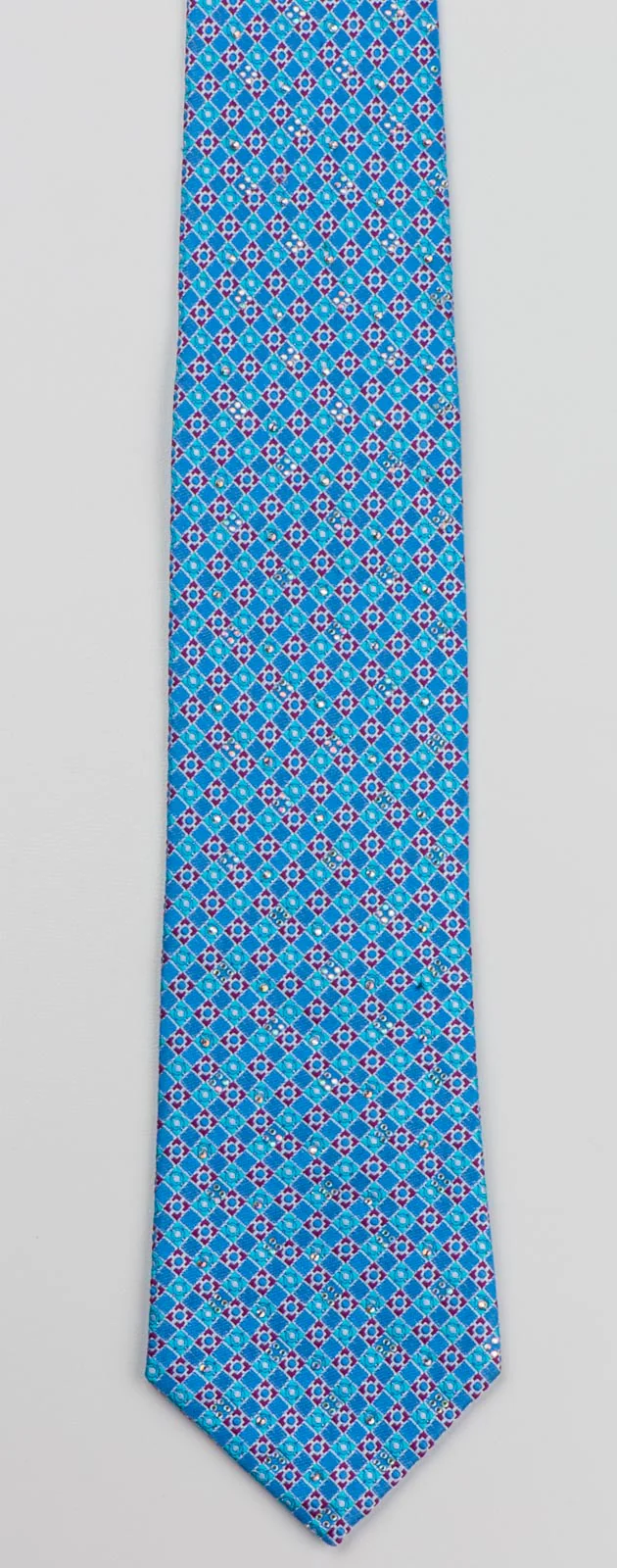 Manhatten Rhinestone Tie For Men 100% Silk Blue Red Checked Design With Silver Sparkles - Image 7