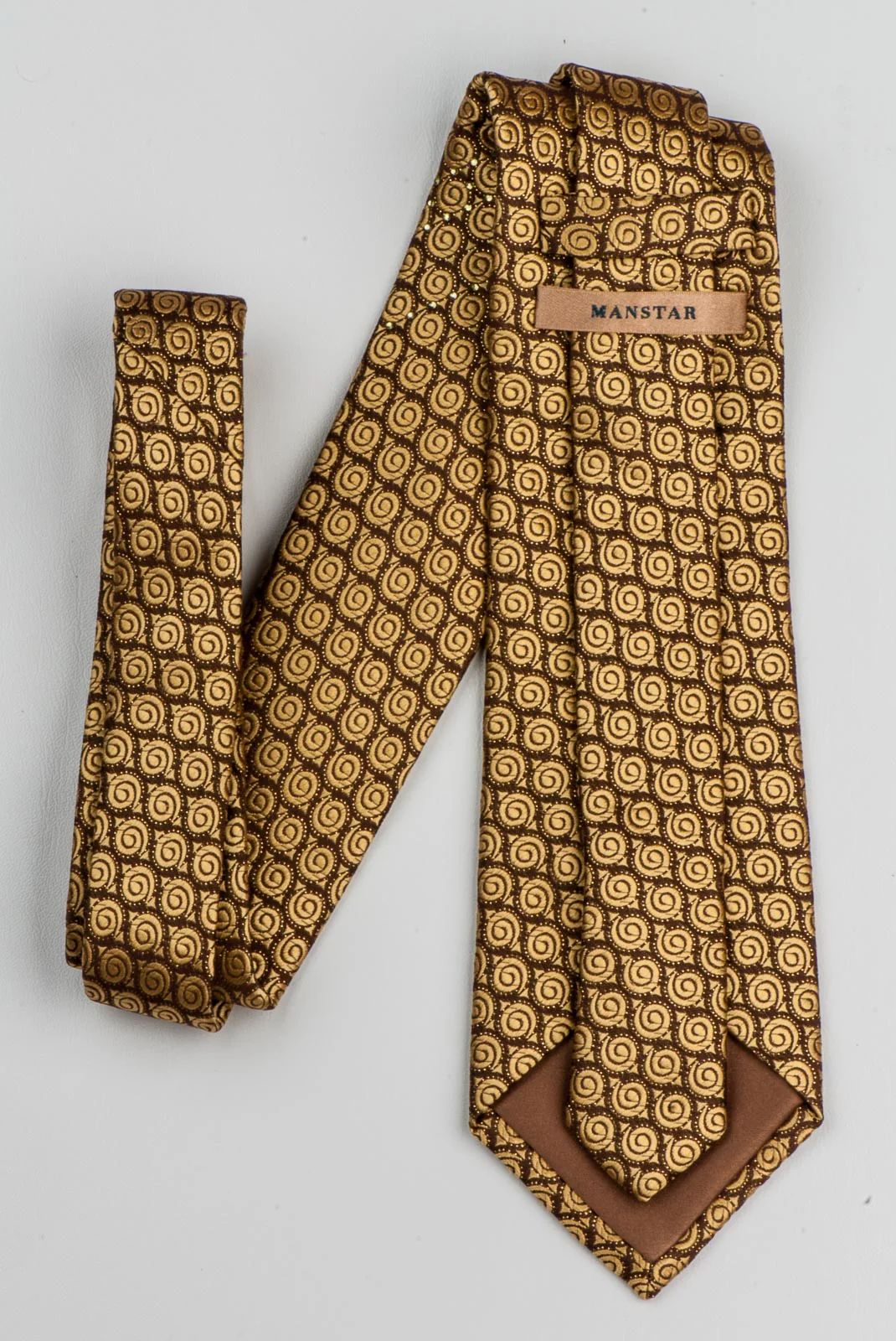Manstar Men's Rhinestone Silk Neck Tie Golden Spirals & Sparkles On Brown - Image 5