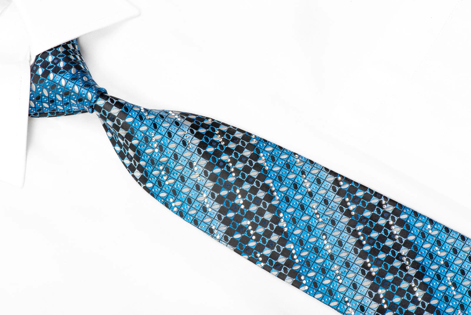 Manzini Neckwear Rhinestone Tie Blue Checkered On Black With Silver Sparkles - Image 2