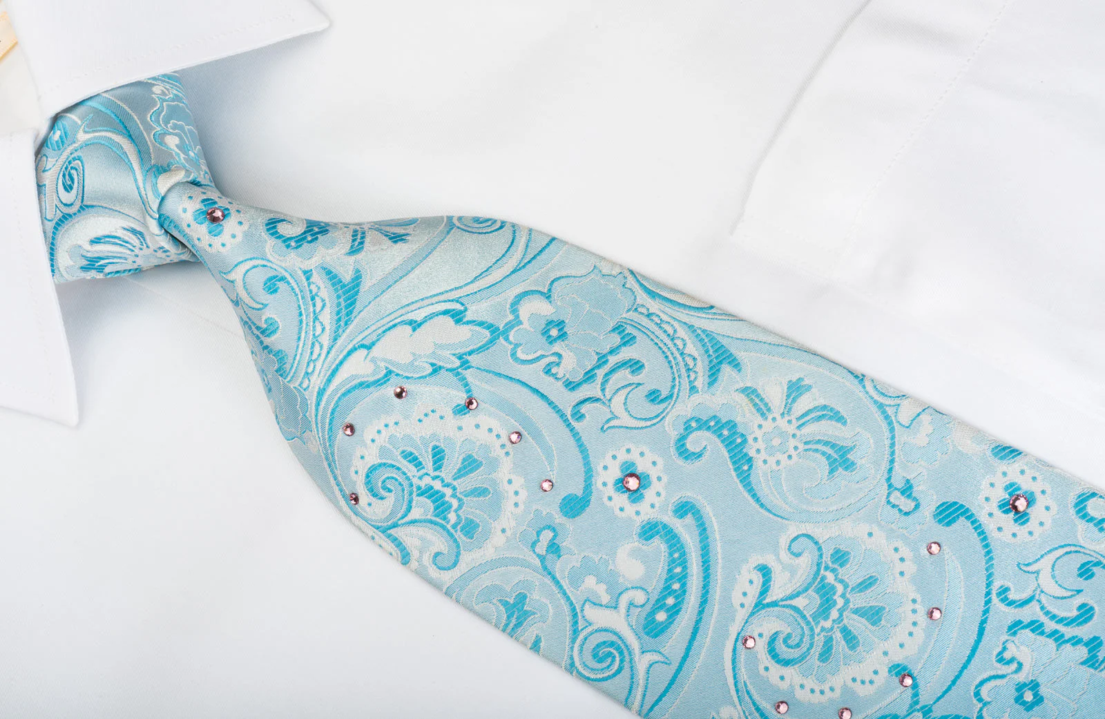 Marcucci Silk Tie Acanthus On Light Blue Sparkling With Crystal Rhinestones - Image 7