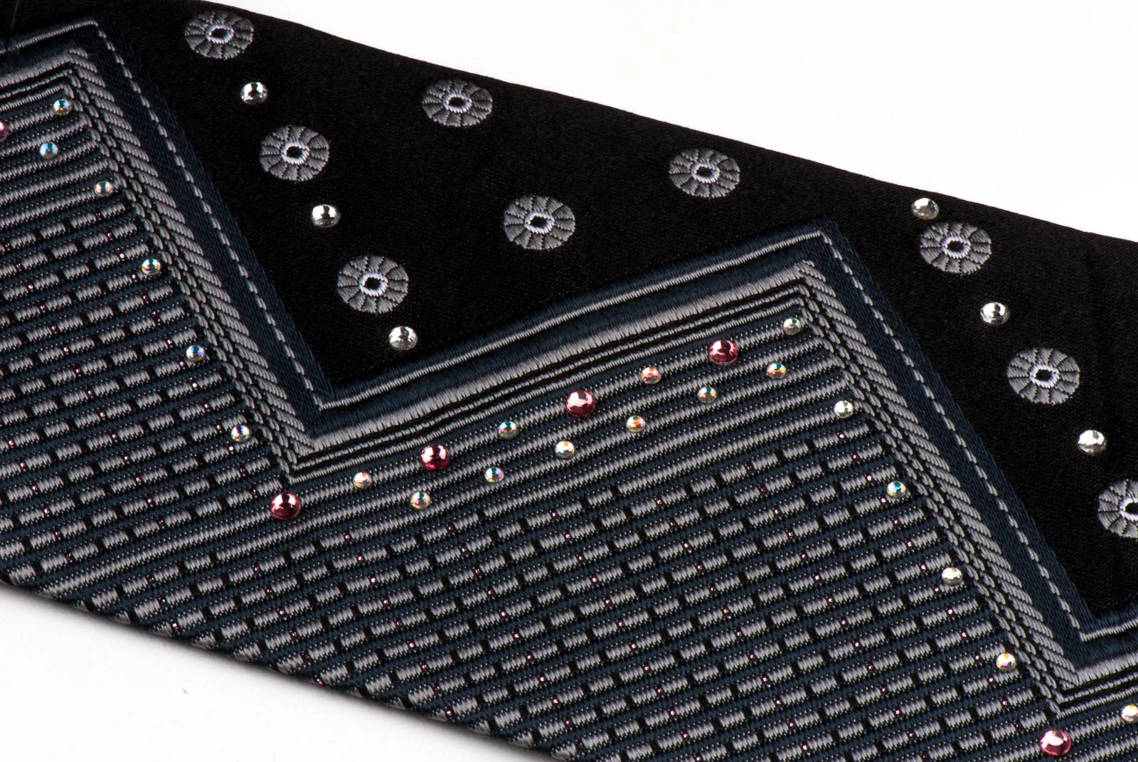 Marie Claire Men's Silk Neck Tie With Rhinestones Silver Zig Zag On Black - Image 3