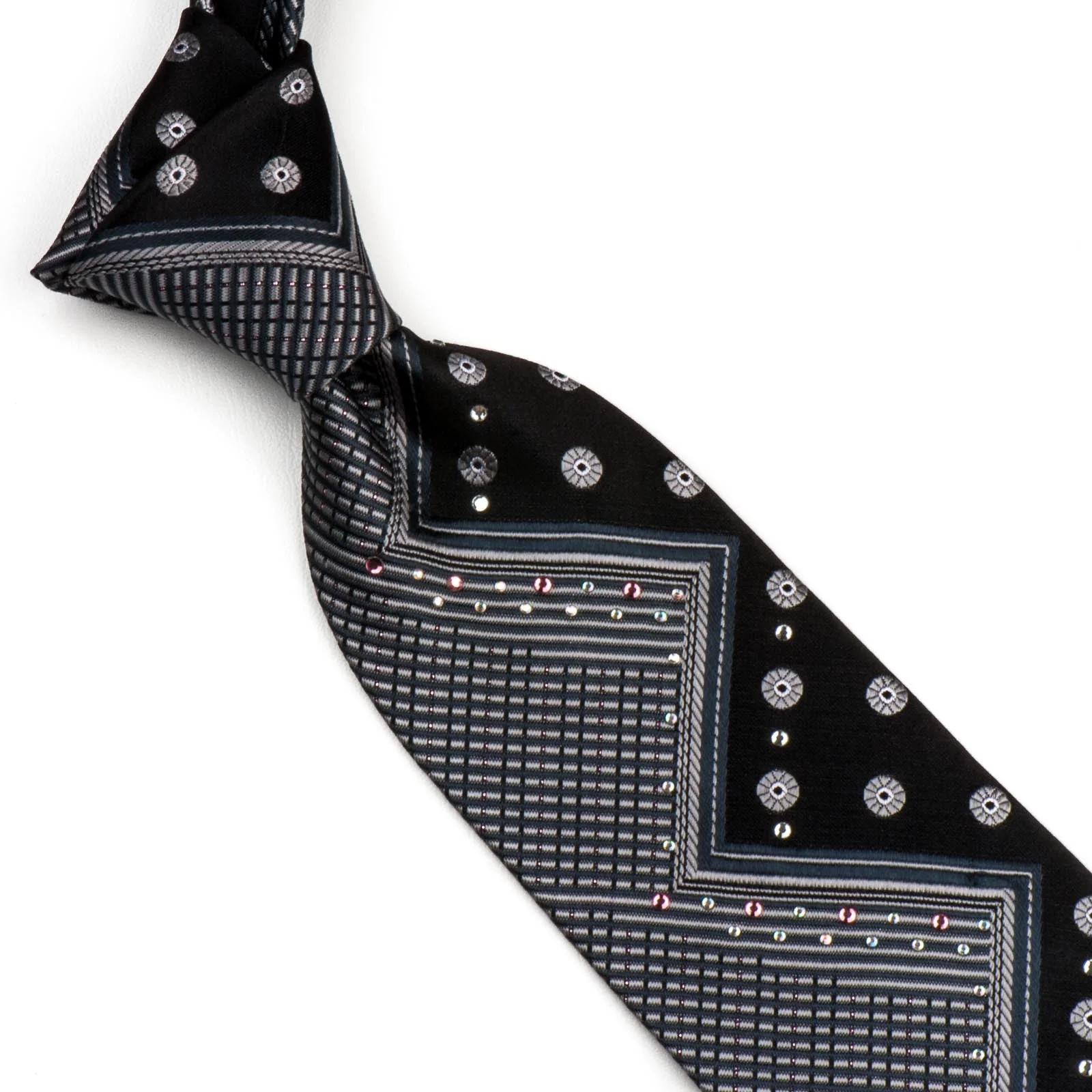Marie Claire Men's Silk Neck Tie With Rhinestones Silver Zig Zag On Black - Image 4