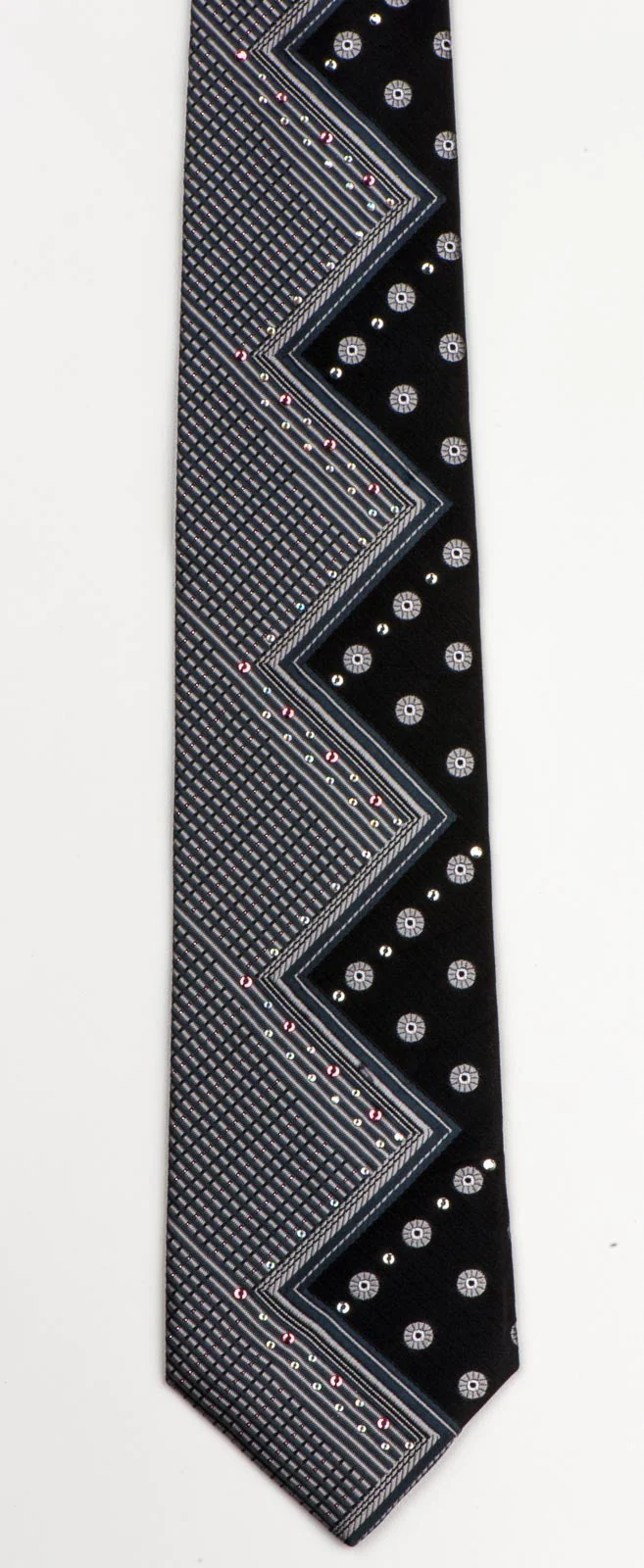 Marie Claire Men's Silk Neck Tie With Rhinestones Silver Zig Zag On Black - Image 6
