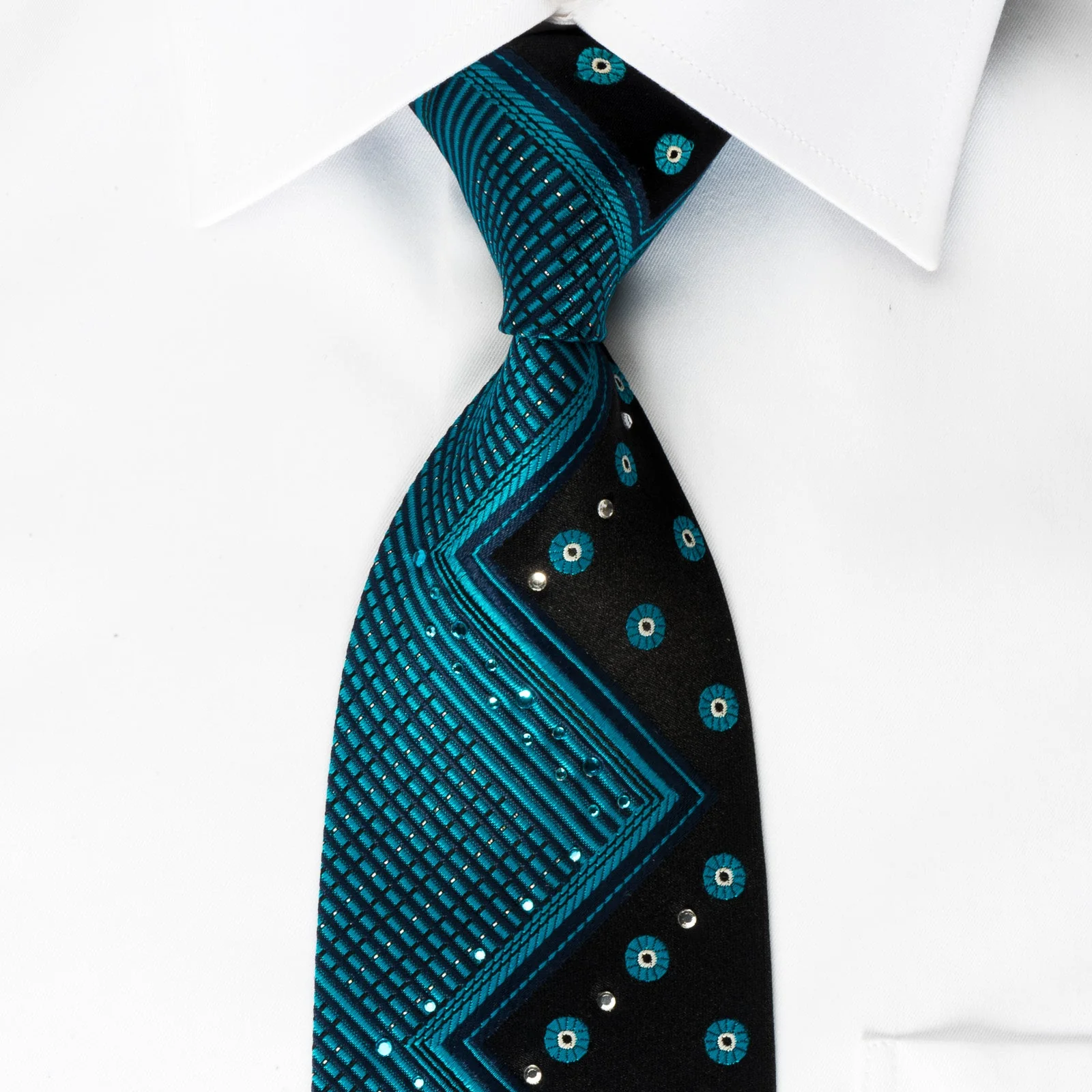 Marie Claire Silk Rhinestone Necktie Turquoise Chevron On Blue With Silver Sparkles