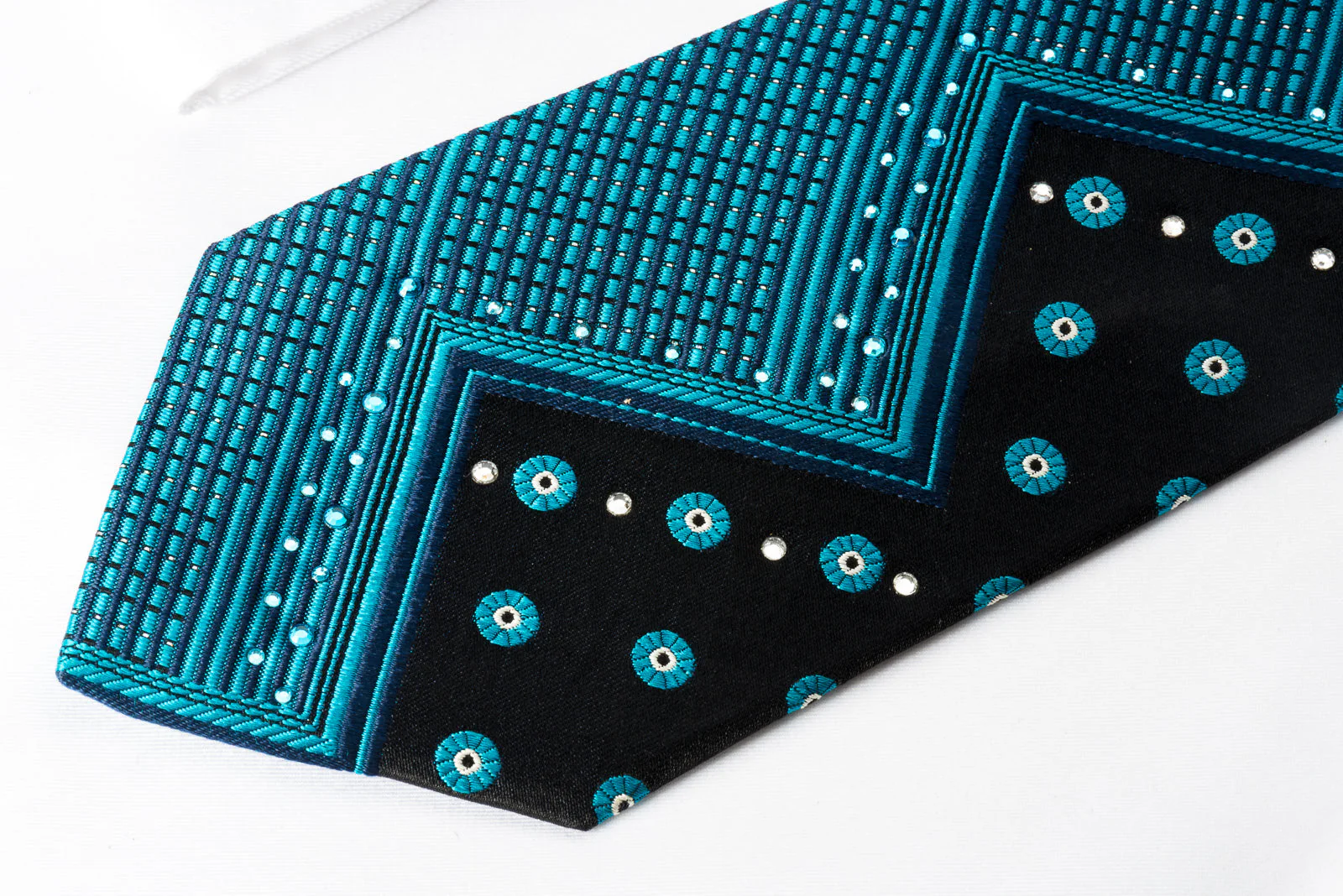 Marie Claire Silk Rhinestone Necktie Turquoise Chevron On Blue With Silver Sparkles - Image 4