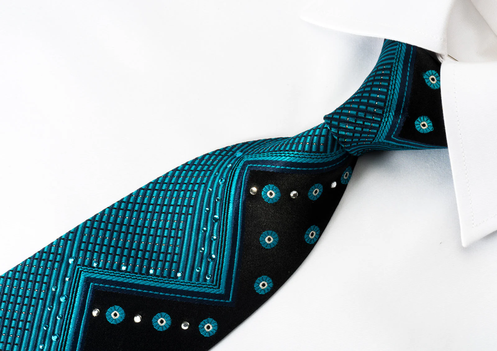 Marie Claire Silk Rhinestone Necktie Turquoise Chevron On Blue With Silver Sparkles - Image 6