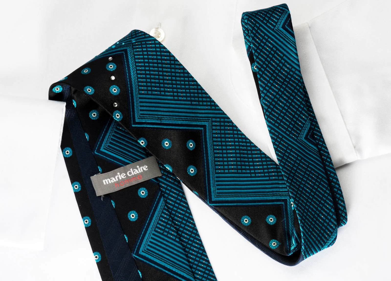 Marie Claire Silk Rhinestone Necktie Turquoise Chevron On Blue With Silver Sparkles - Image 7