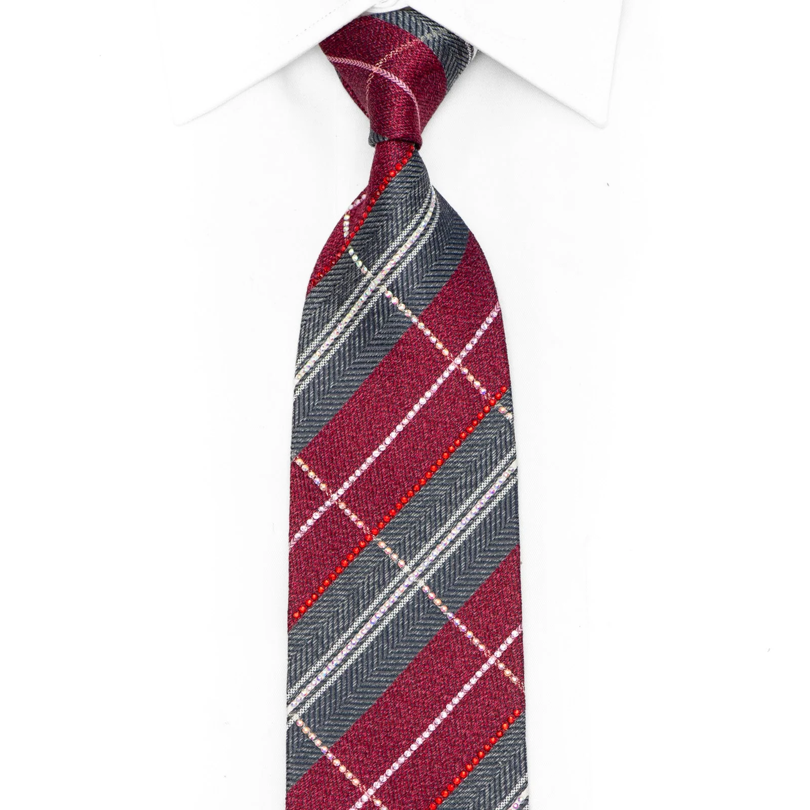 Maroon Gray Plaid Rhinestone Silk Necktie