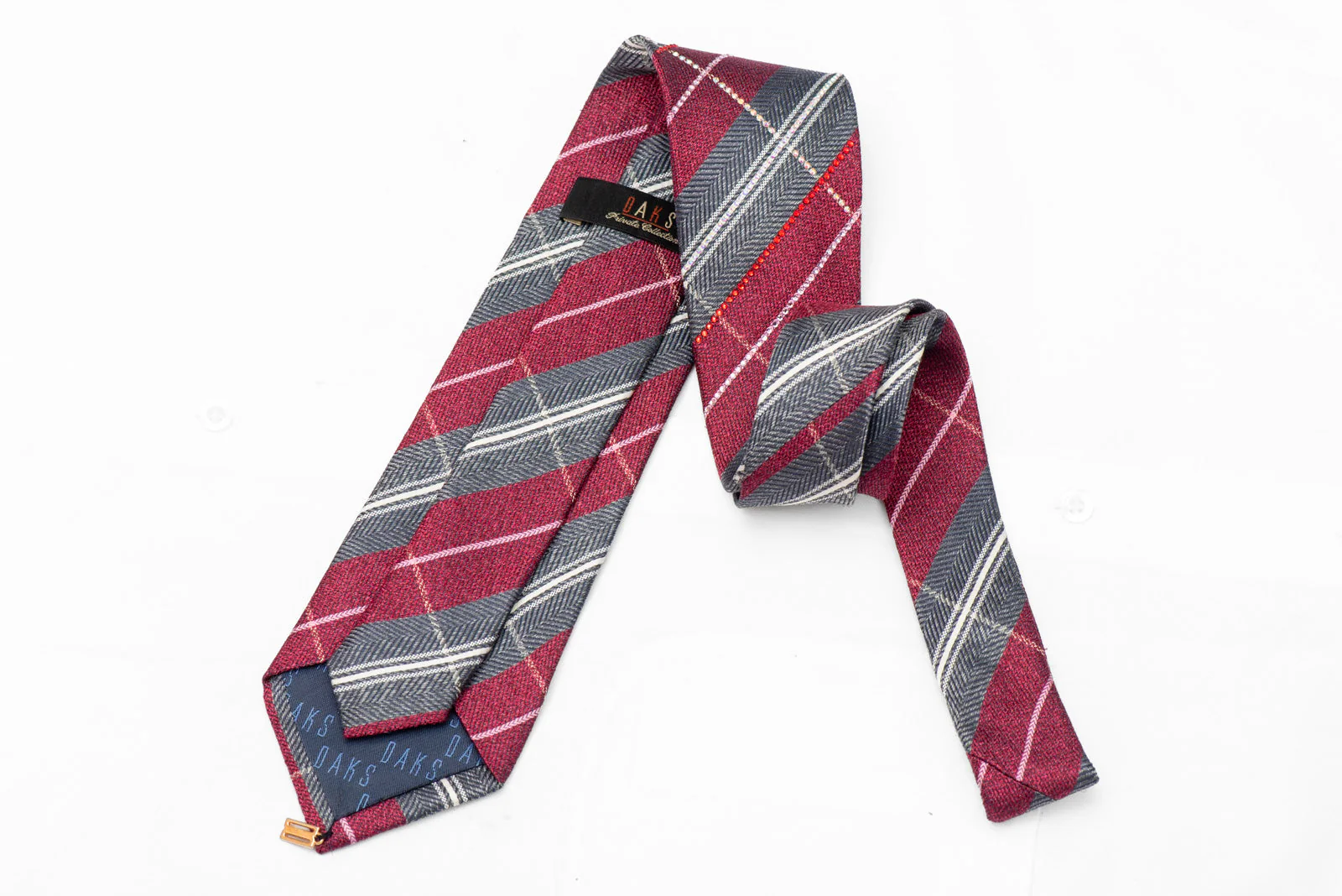Maroon Gray Plaid Rhinestone Silk Necktie - Image 3