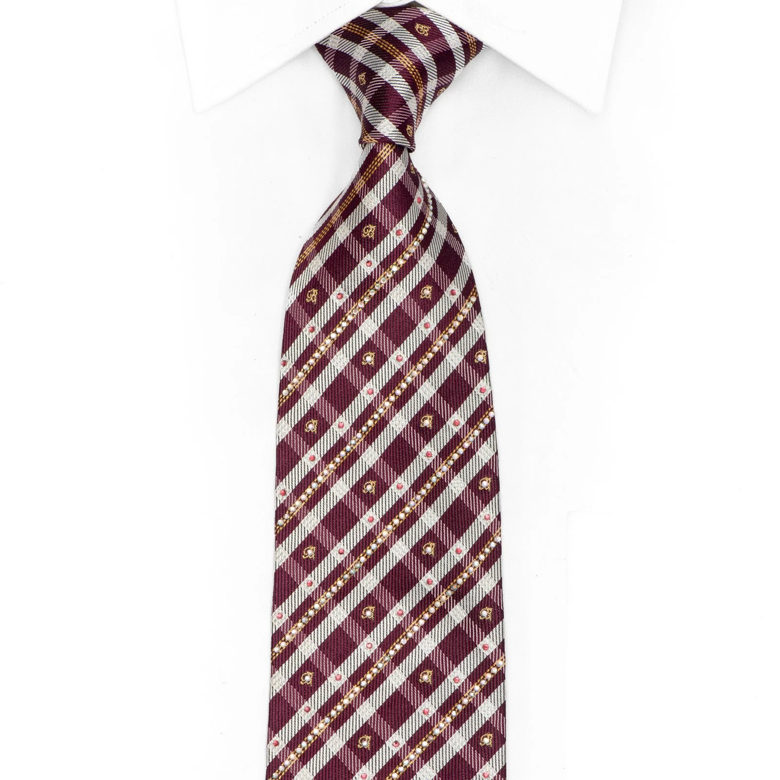 Maroon Silver Plaid Rhinestone Silk Tie With Gold Sparkles