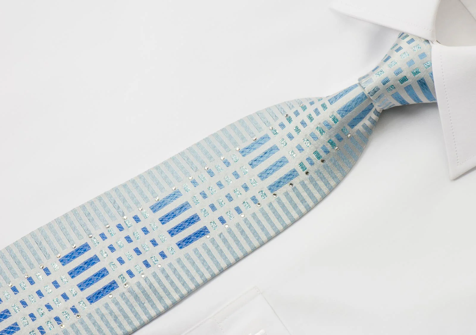 Marte Silk Rhinestone Necktie Geometric On Blue With Silver Sparkles