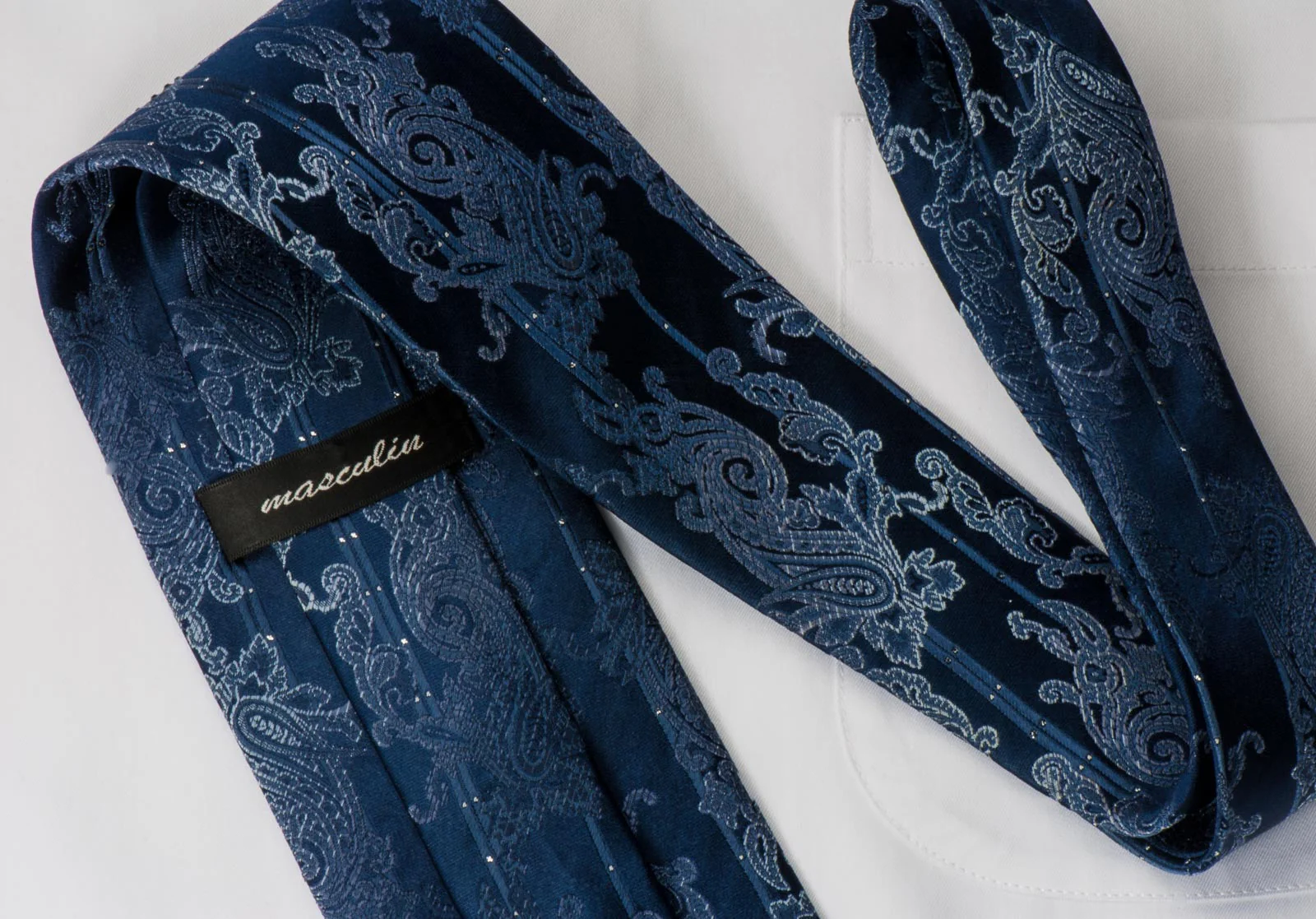 Masculin Men's Rhinestone Silk Necktie Paisley On Blue With Silver Sparkles - Image 3