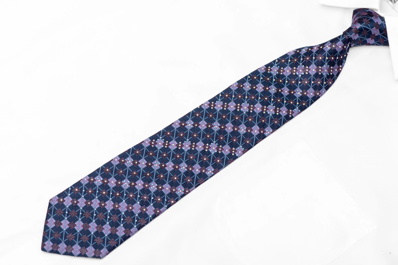 Mauve Blue Checkered Trellis On Navy Blue Rhinestone Tie With Silver Sparkles - Image 2