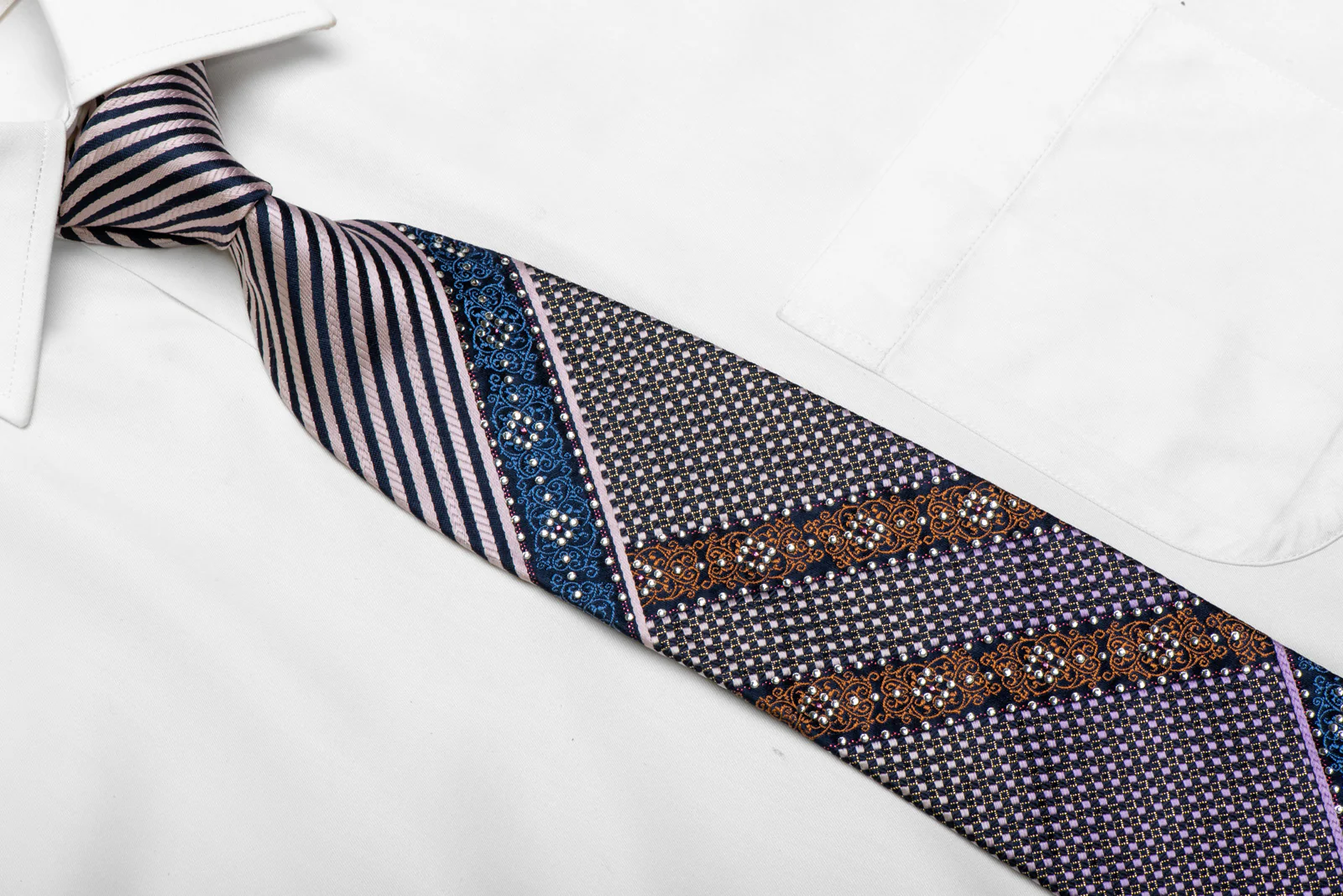 Mauve Blue Orange Striped Cartouche On Navy Rhinestone Silk Tie With Sparkles - Image 2