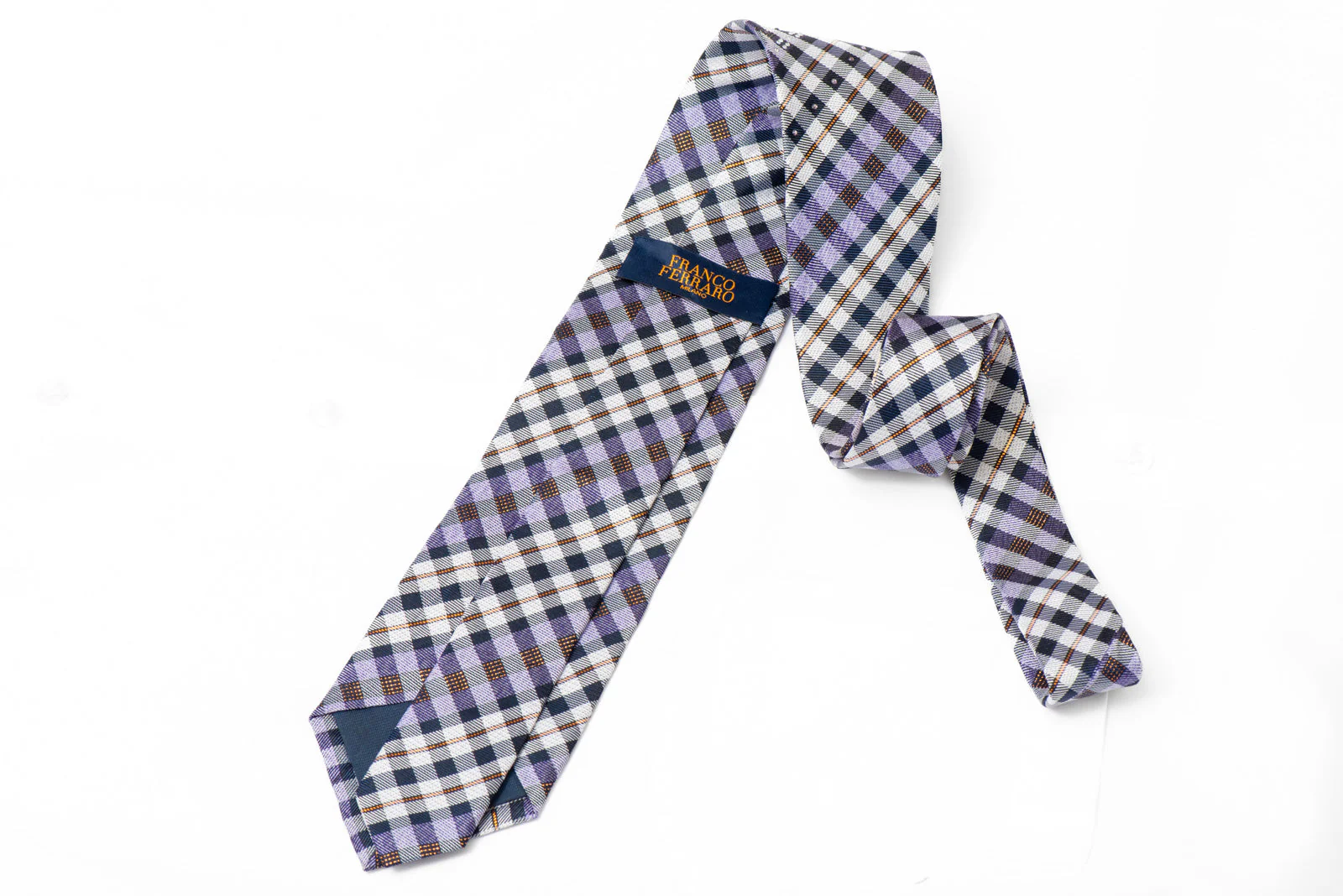 Mauve Blue Silver Plaid Design Rhinestone Silk Tie With Copper Sparkles - Image 3