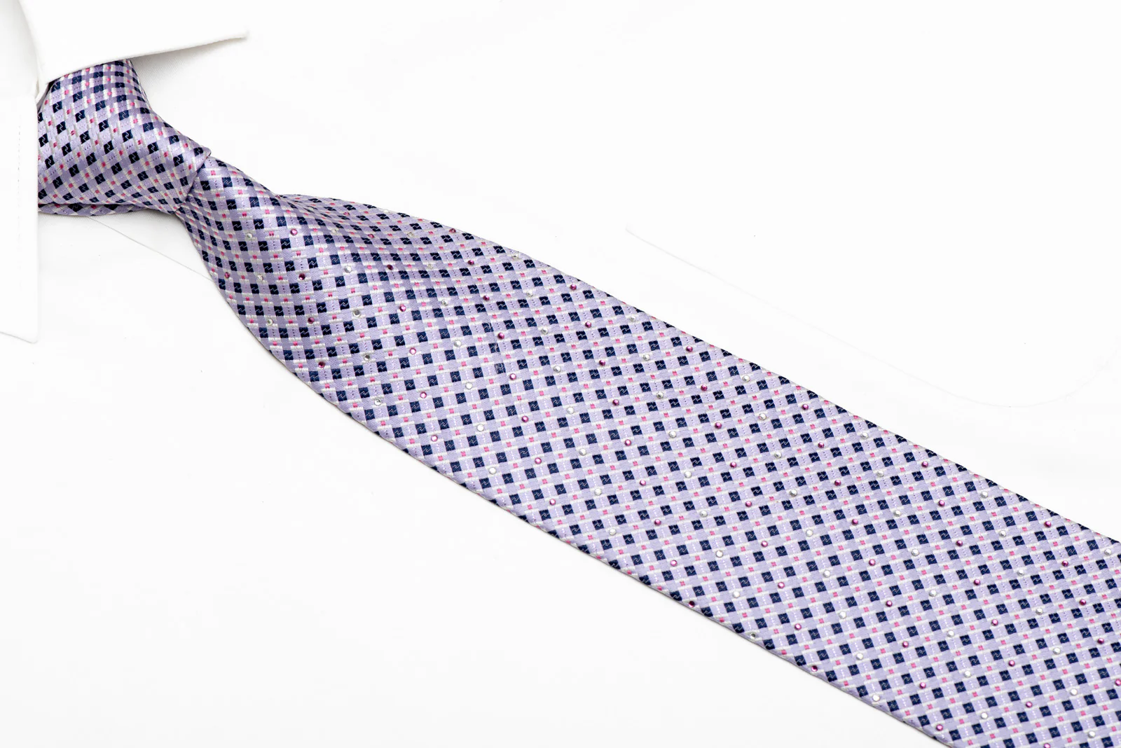 Mauve Checkered Rhinestone Silk Necktie With Purple Sparkles - Image 2
