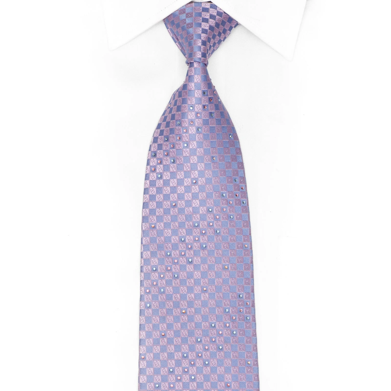 Mauve Checkered Rhinestone Silk Tie With Silver Sparkles