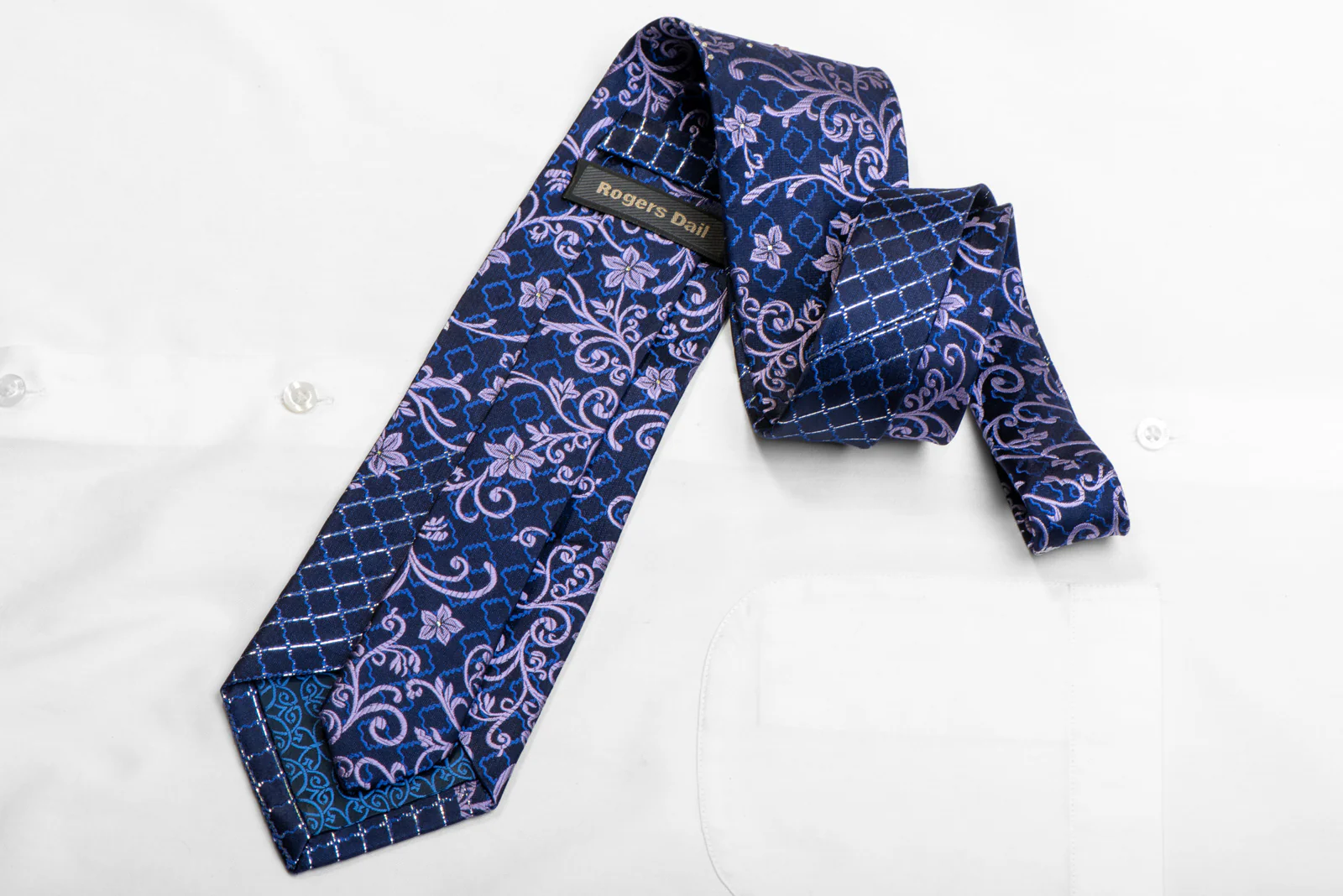 Mauve Floral Scrolls On Navy Rhinestone Silk Necktie - Image 4