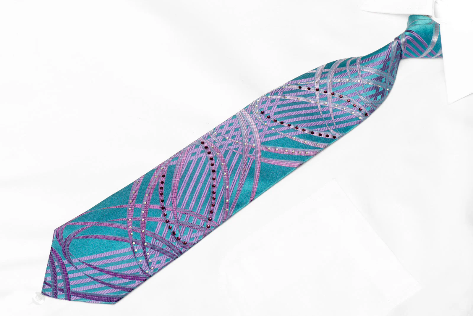 Mauve Geometric On Cerulean Blue Rhinestone Silk Tie With Blue Sparkles - Image 2