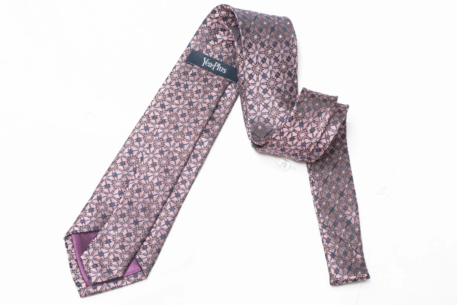 Mauve Geometric On Navy Blue Rhinestone Silk Necktie With Silver Sparkles - Image 3