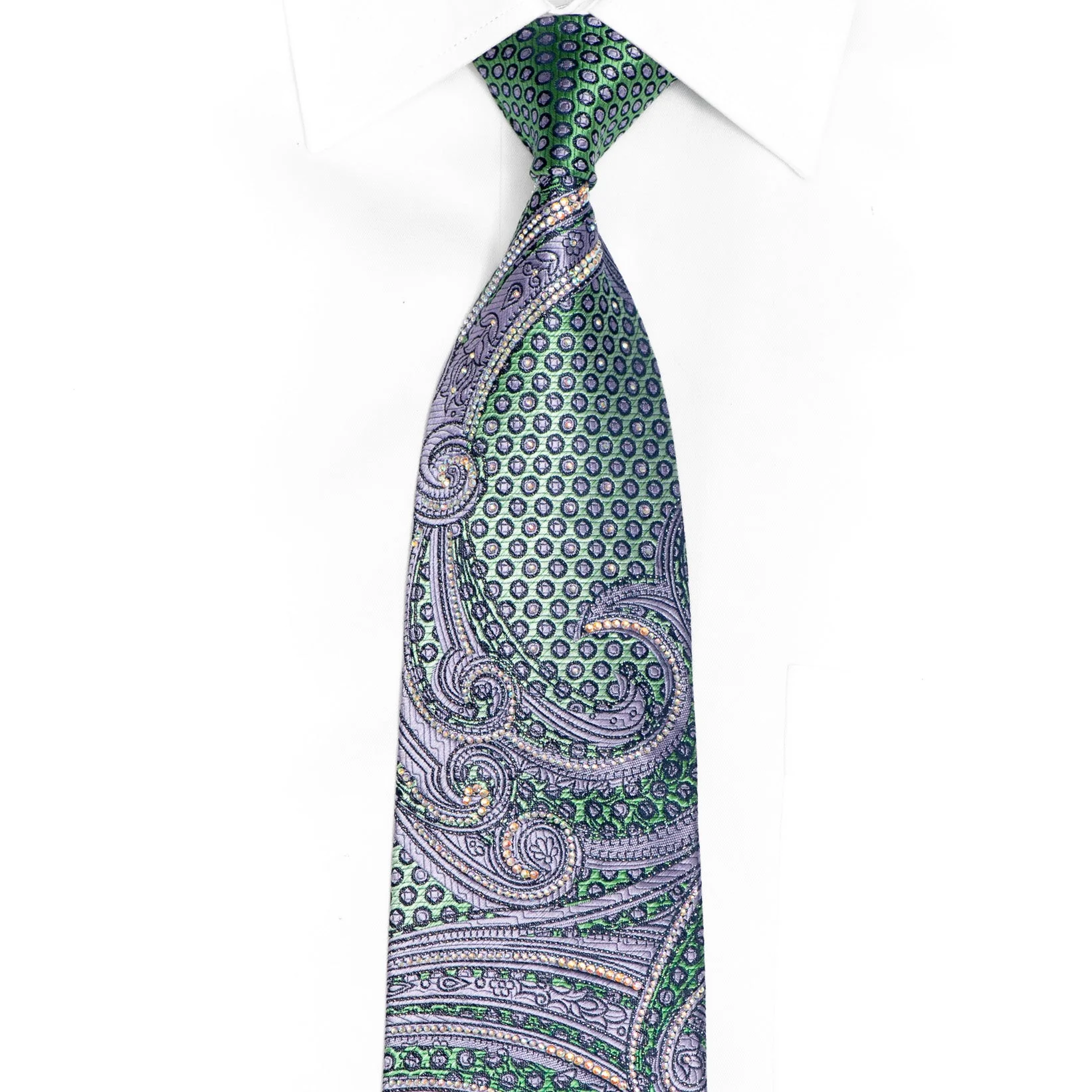 Mauve Paisley On Teal Rhinestone Silk Necktie With Sparkles