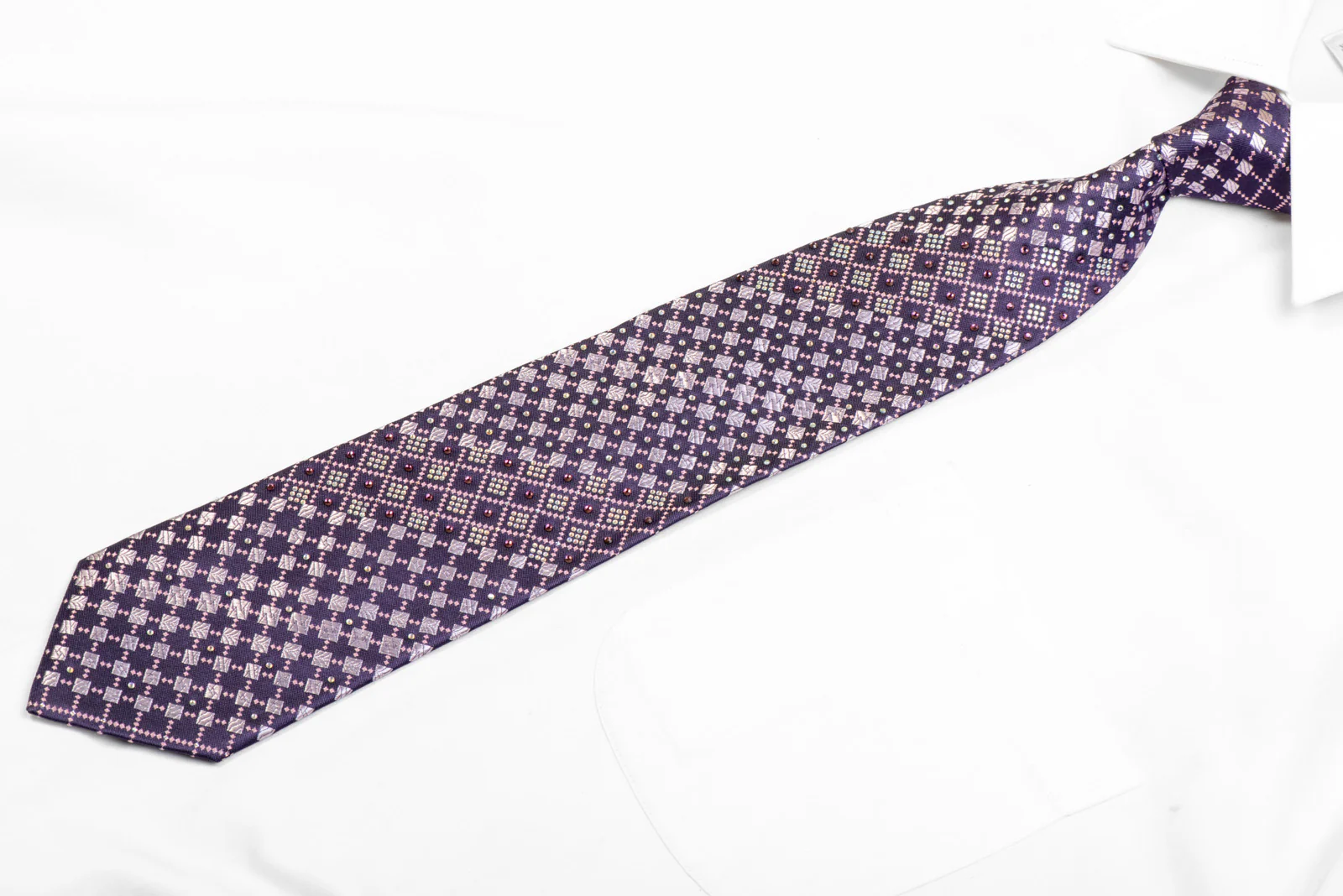Mauve Pink Geometric On Navy Rhinestone Silk Necktie With Silver Sparkles - Image 3