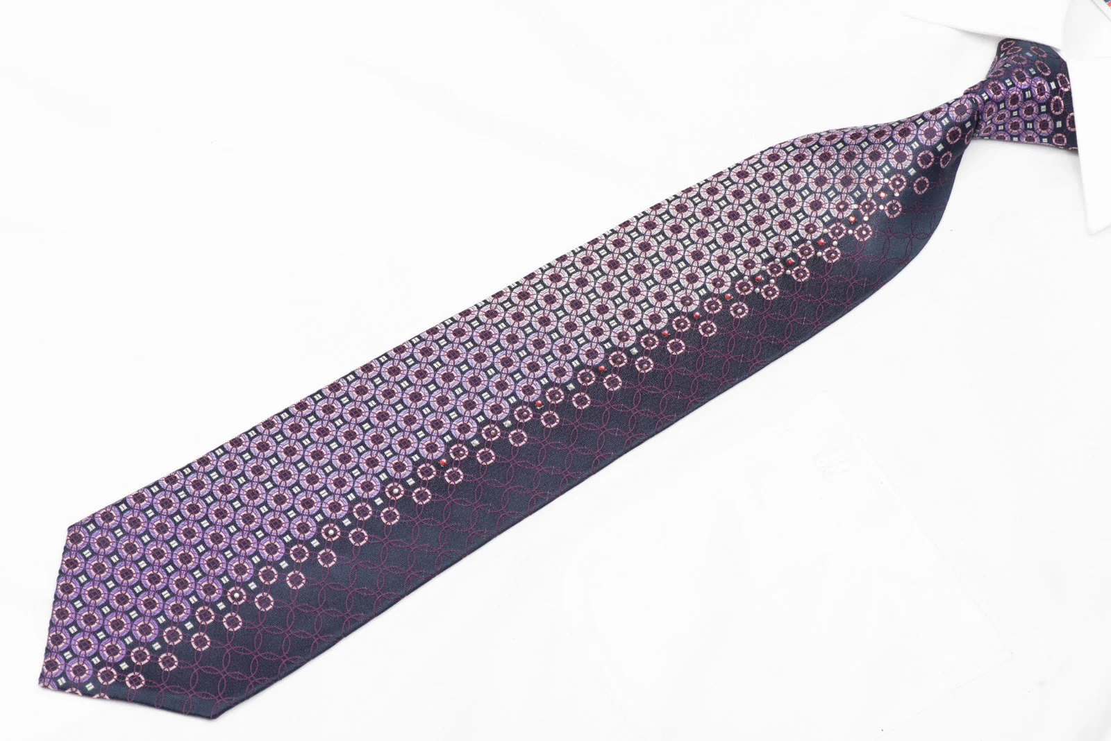 Mauve Pink Silver Geometric Design On Navy Blue Rhinestone Silk Tie - Image 2