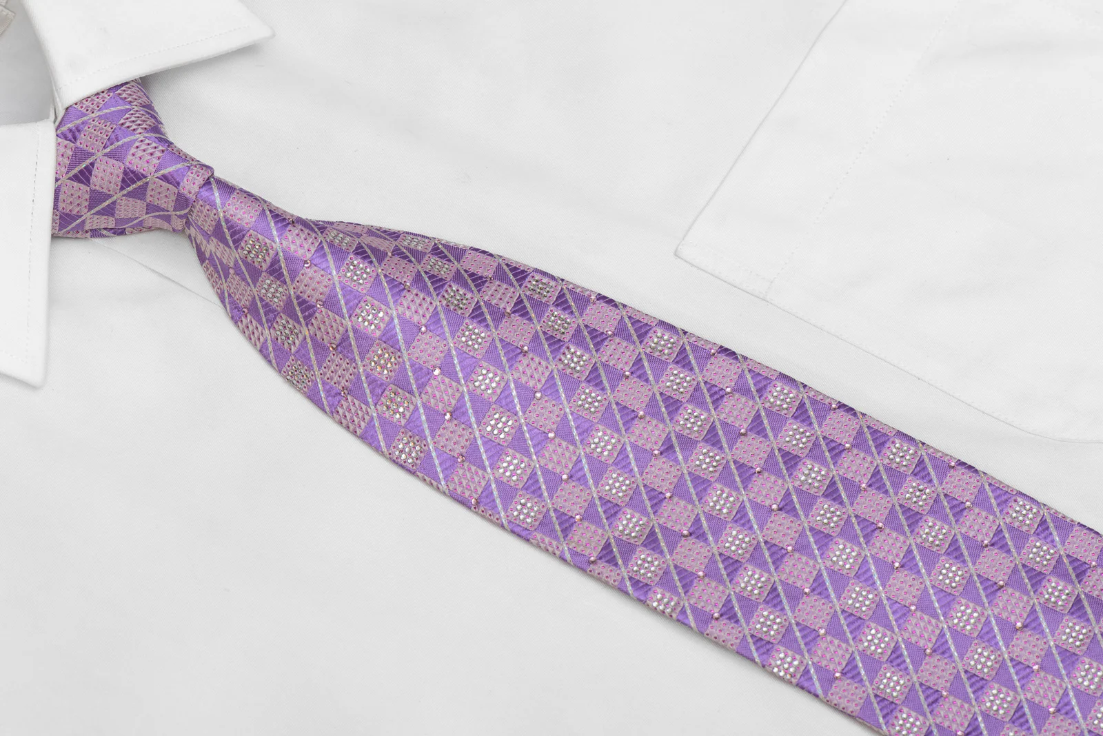 Mauve Silver Checkered Rhinestone Silk Necktie With Silver Sparkles - Image 2