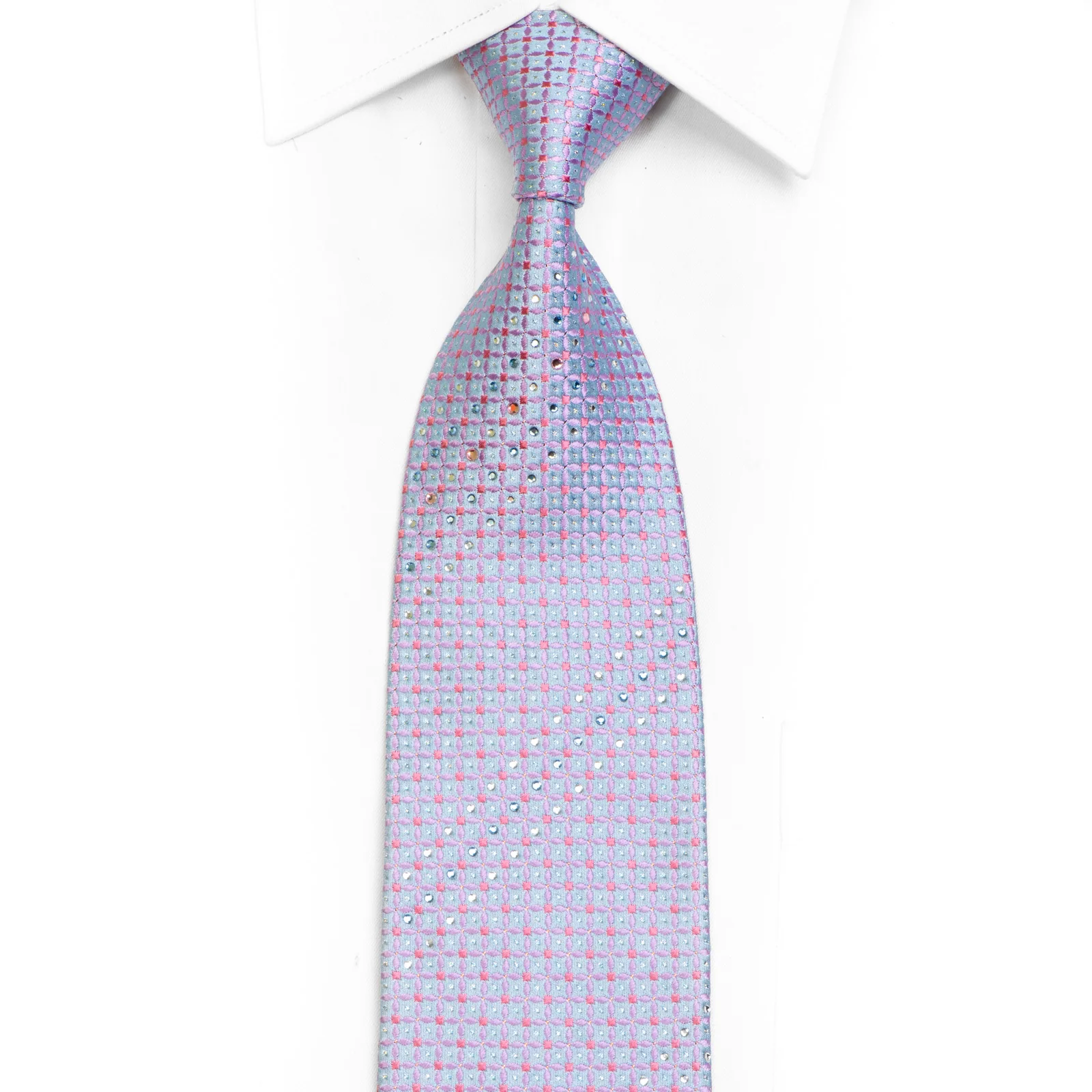 Mauve Trellis In Blue Rhinestone Silk Necktie With Silver Sparkles