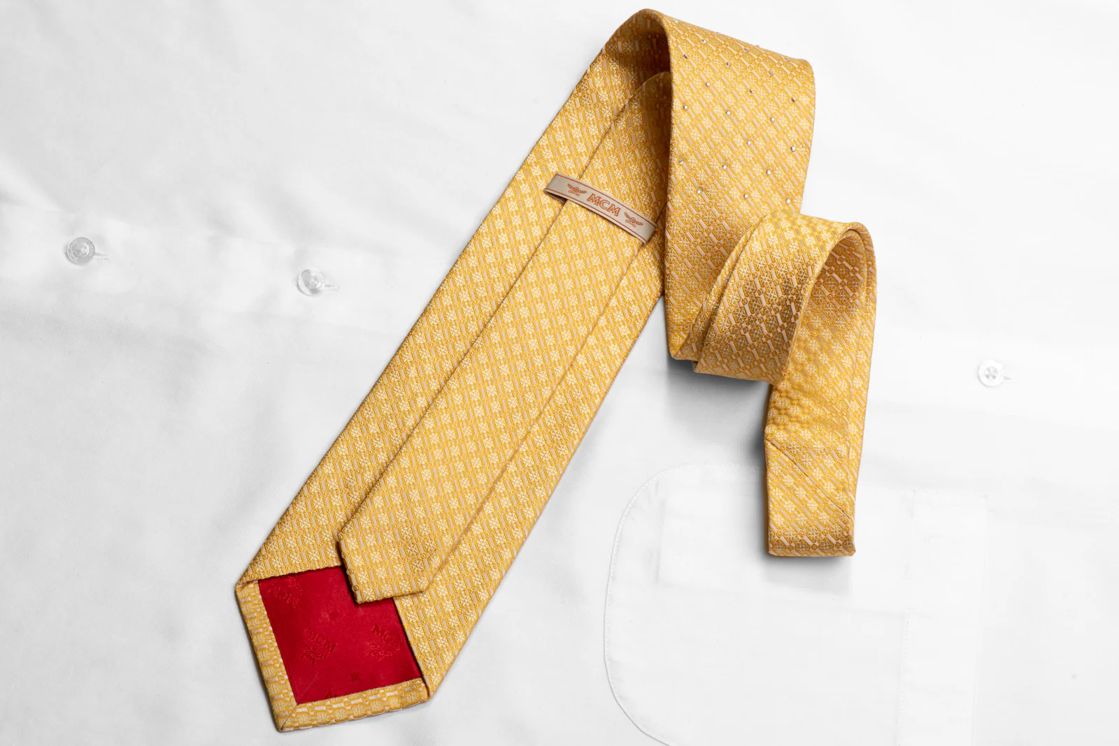 MCM Crystal Rhinestone Silk Tie Geometric On Yellow - Image 4