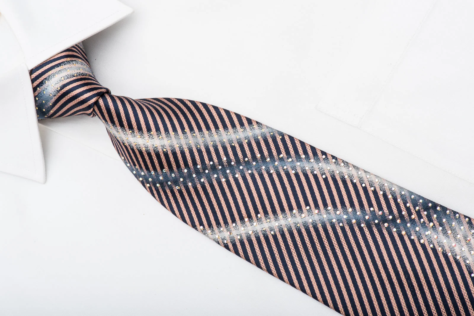 MCM Men's Rhinestone Tie Silver Waves On Navy Pink Stripes With Silver Sparkles - Image 3