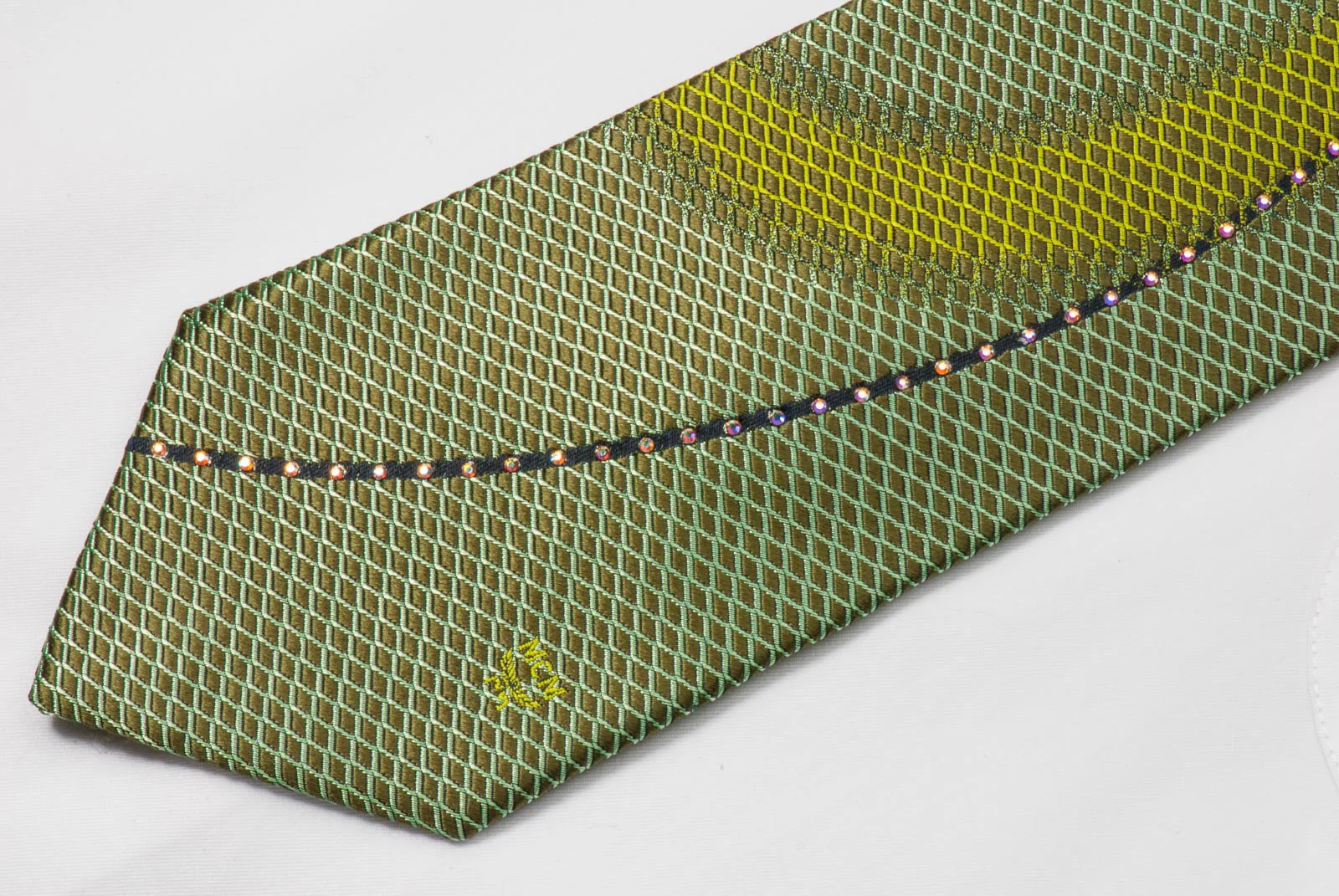 MCM Men's Silk Rhinestone Tie Green Waves & Geometric Design - Image 3