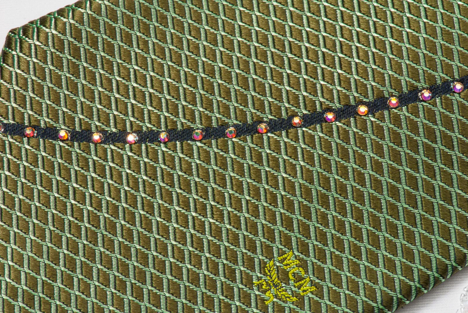 MCM Men's Silk Rhinestone Tie Green Waves & Geometric Design - Image 5