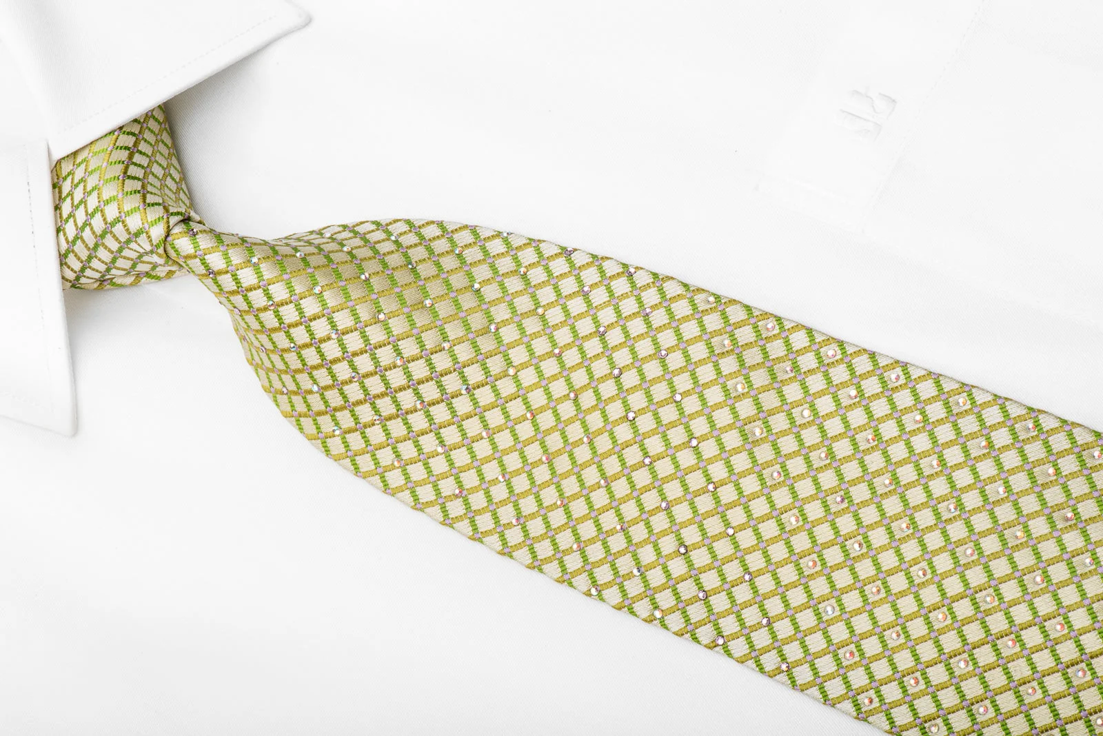 MCM Mens Crystal Silk Tie Trellis On Green With Rhinestones - Image 3