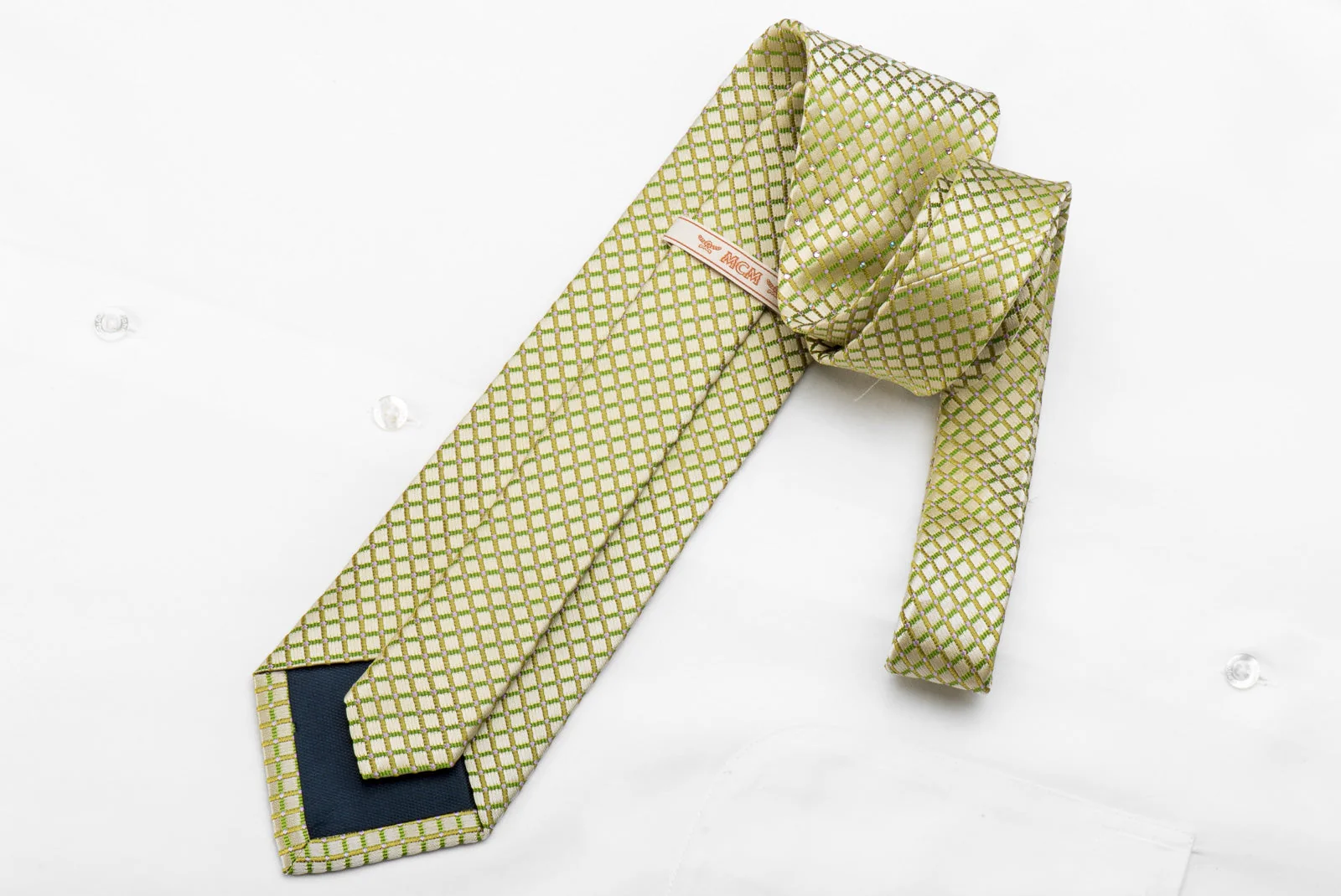 MCM Mens Crystal Silk Tie Trellis On Green With Rhinestones - Image 4